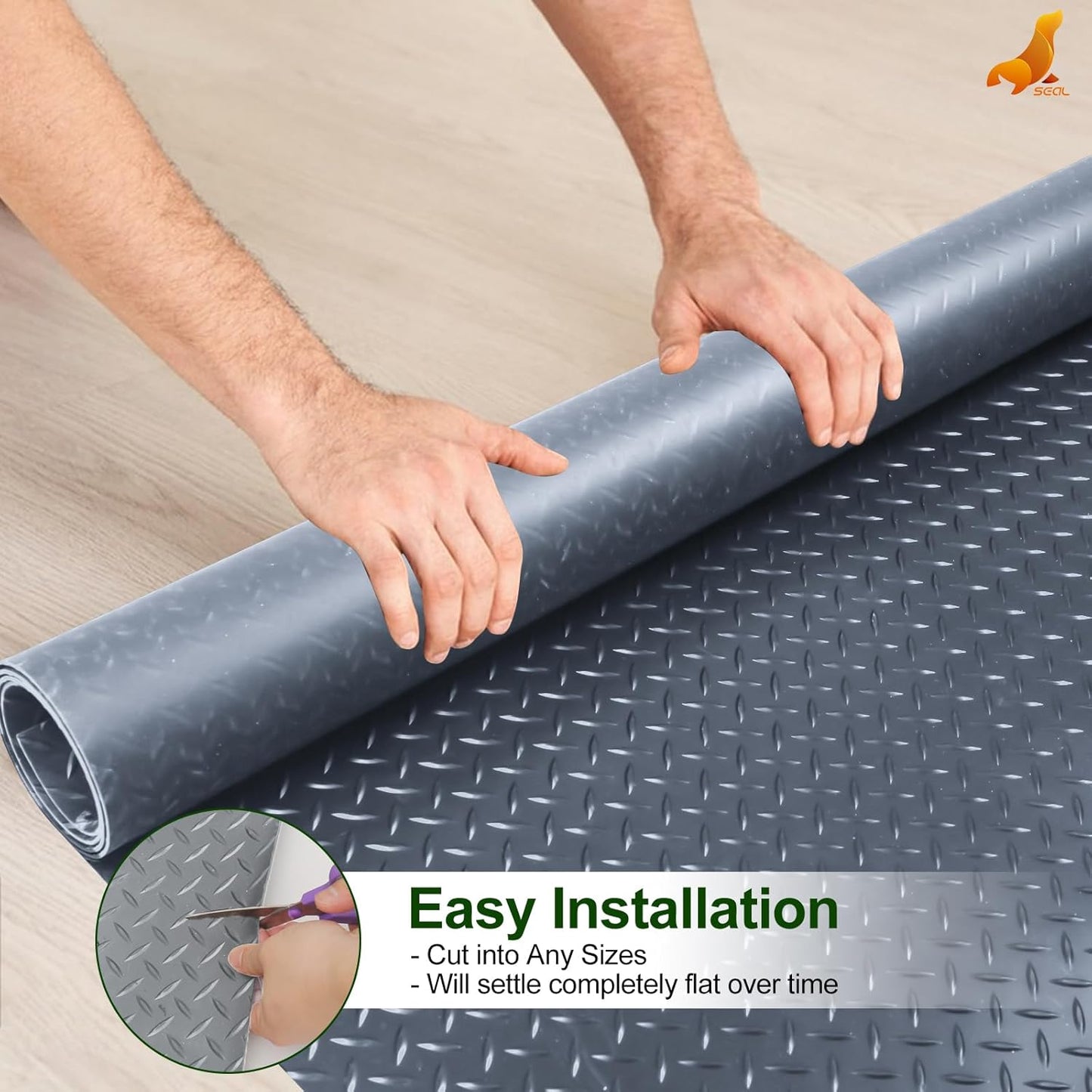 SEAL 5 x 20 Ft Premium Garage Floor Mat, Solid 2.8mm Thick Gray Commercial Grade Heavy Duty Parking Mat for Garage Floor, Golf Cart Parking, Water/Stain Resistant Floor Runner (Embossed Diamond Plate)