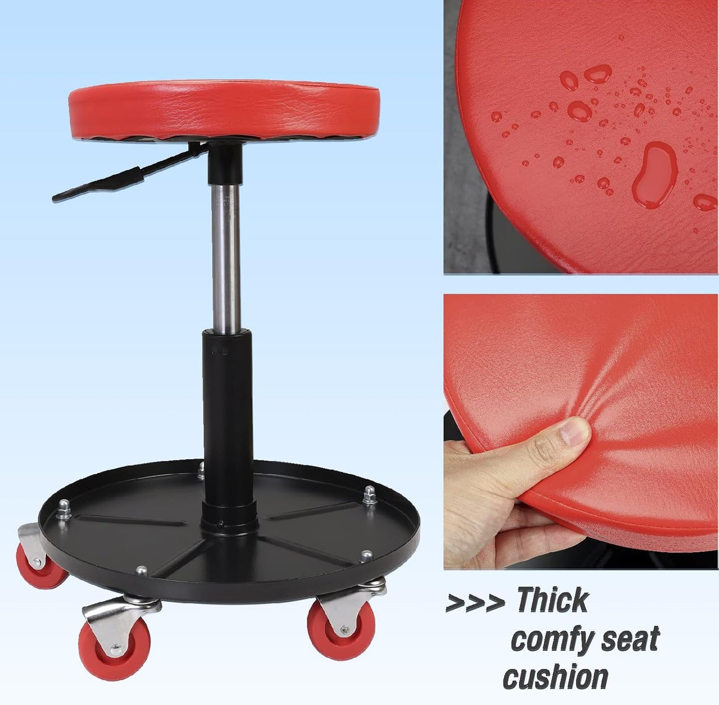 Big RED Creeper Garage/Shop Seat: Heavy Duty Rolling Pneumatic Padded Adjustable Mechanic Stool with Tool Tray Storage, Red Large