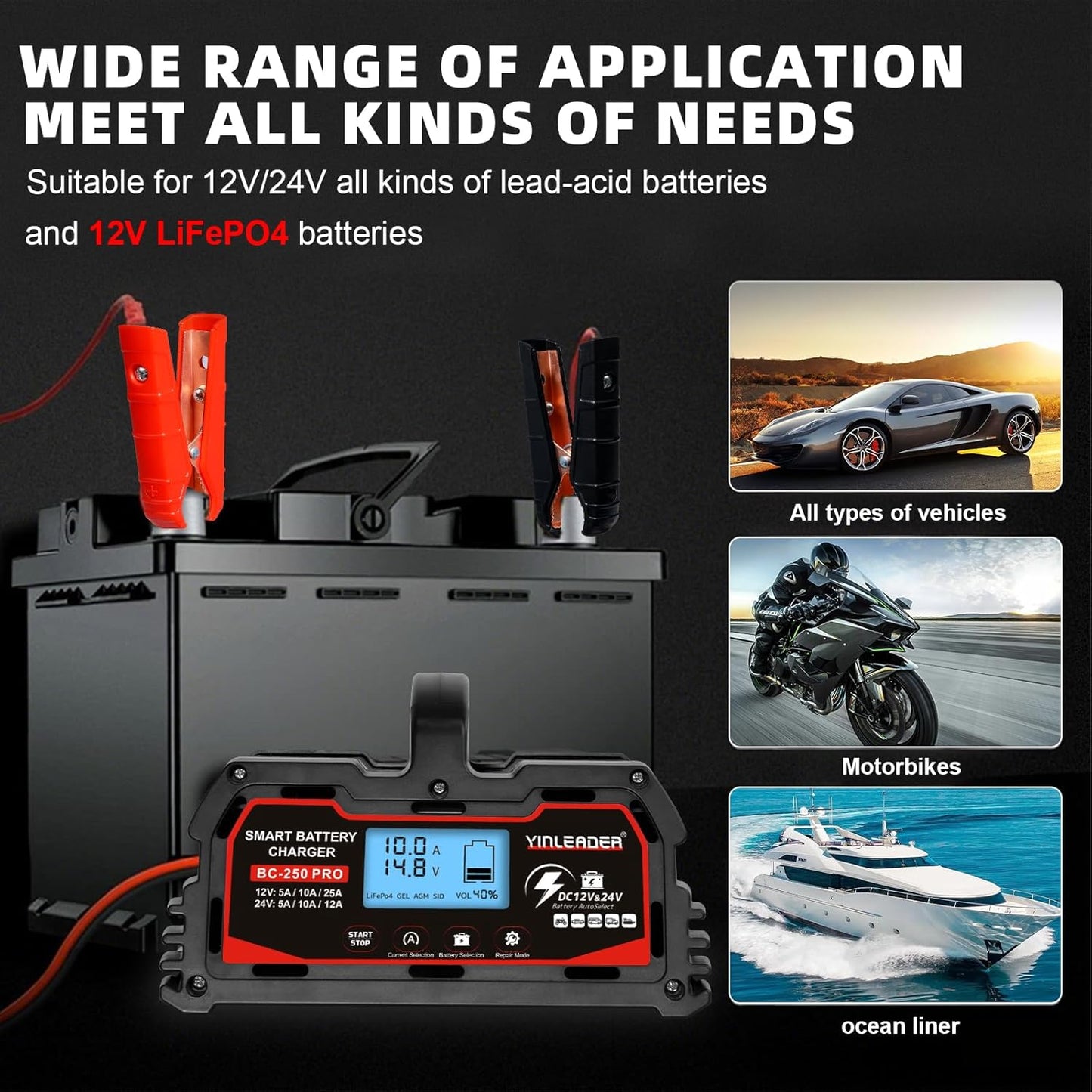 Battery Charger 25A, 12V/24V Lead Acid Smart Battery Charger, 12V LiFePO4 Car Battery Trickle Charger, Automatic Battery Maintainer for Car Motorcycle Lawn Mower Marine Boat Lead Acid Batteries