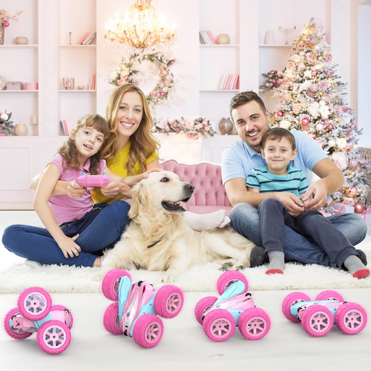 Remote Control Car, Pink RC Cars for Girls, Rechargeable RC Truck, 2.4Ghz Double Sided 360° Rotating Stunt Car Toy with Headlights, Birthday Gift for Kids Age 3+