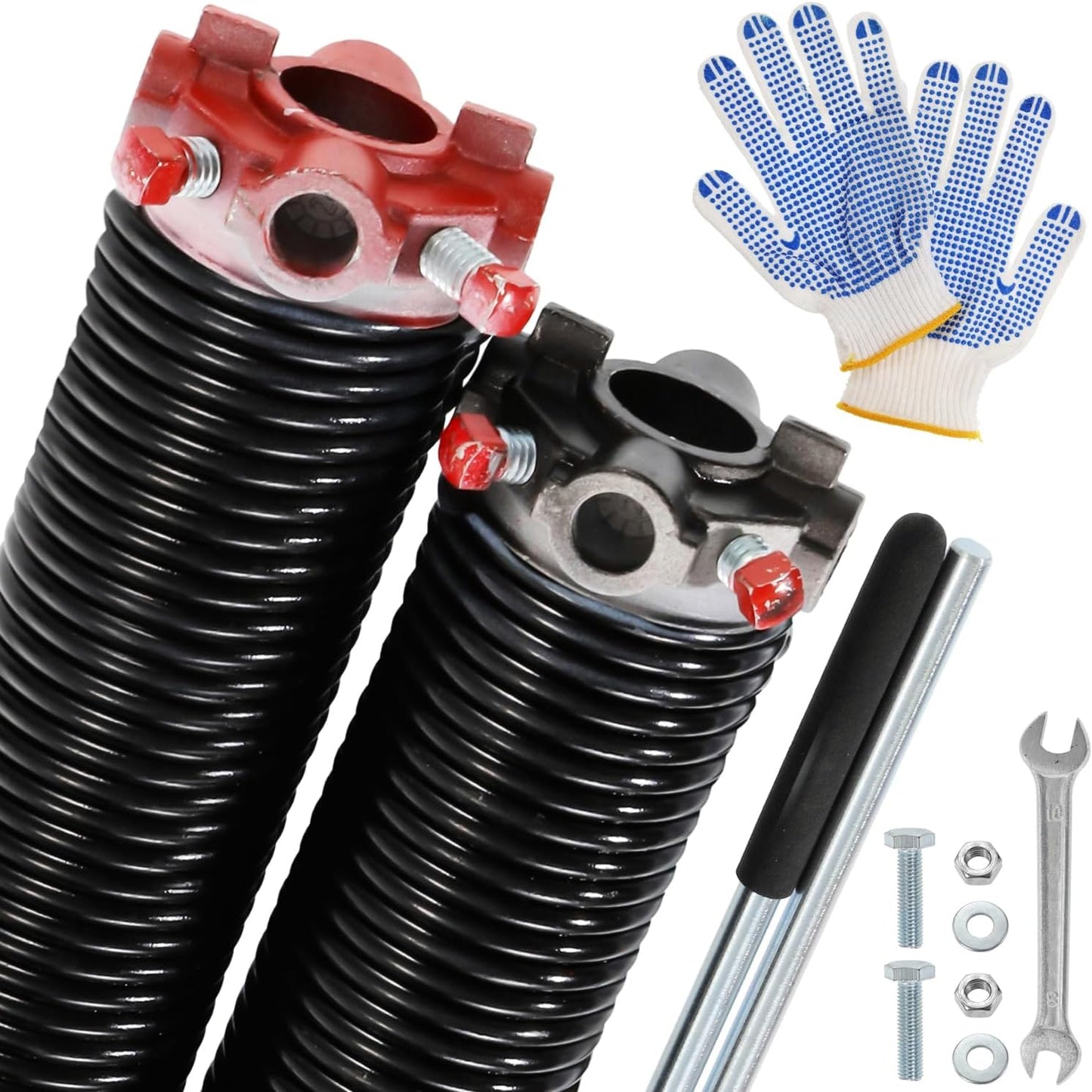 Pair of 2" Garage Door Torsion Springs (0.218" x 2" x 26") with Non-Slip Winding Bars & Gloves, Heavy-Duty Replacement, 18,000 Cycles, High Precision Electrophoresis Black Coated
