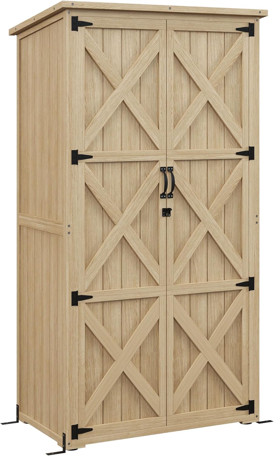 Wooden Garden Shed, Outdoor Storage Cabinet with Waterproof Asphalt Roof, Narrow Tool Shed with Shelves and Lockable Doors, Natural