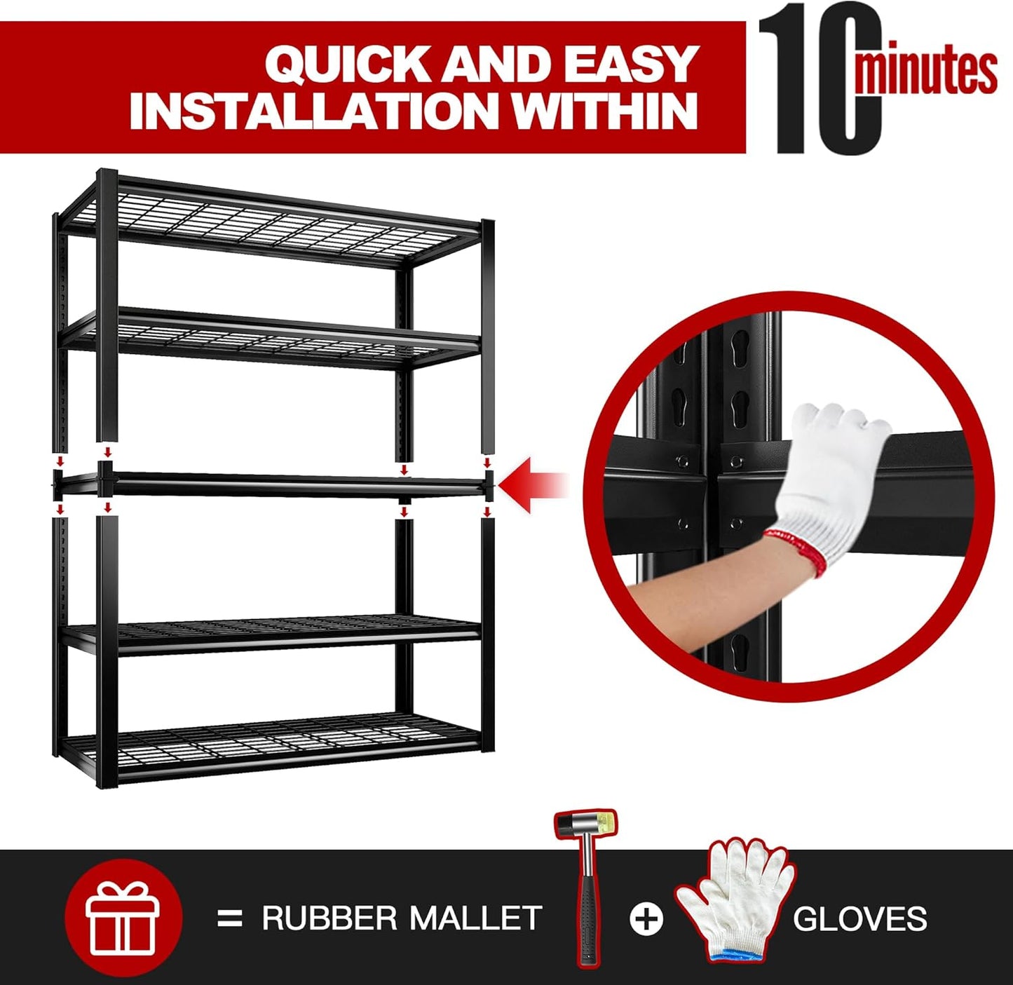 REIBII 48" W Garage Shelving Heavy Duty Load 2500LBS, 5 Tier Storage Shelves, Adjustable Metal Shelves for Warehouse, Pantry, Basement, 48" W X 72" H X18 D, 4PC