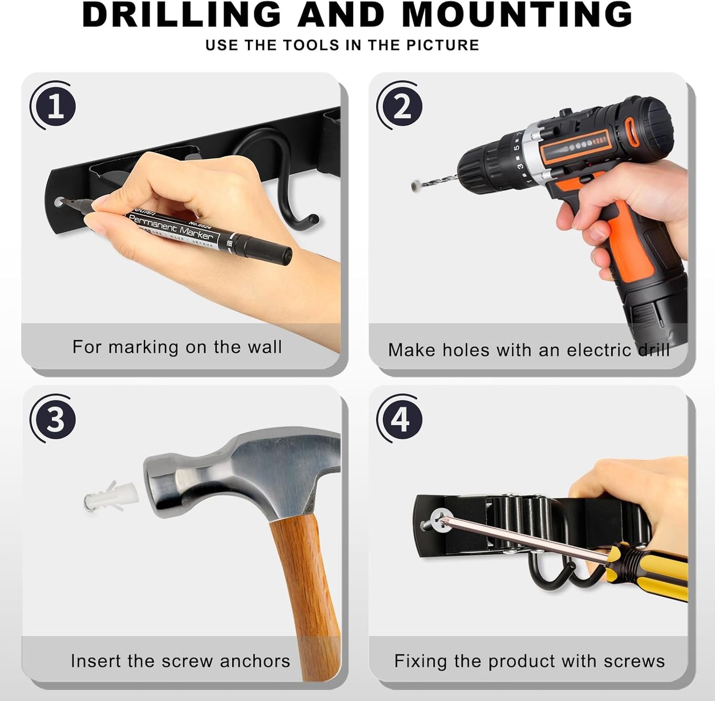 Mop Broom Holder Wall Mount, Black Stainless Steel Tool Storage Organizer for Kitchen Garden Garage Laundry Room Bathroom and RV with 4 Slots 6 Hooks