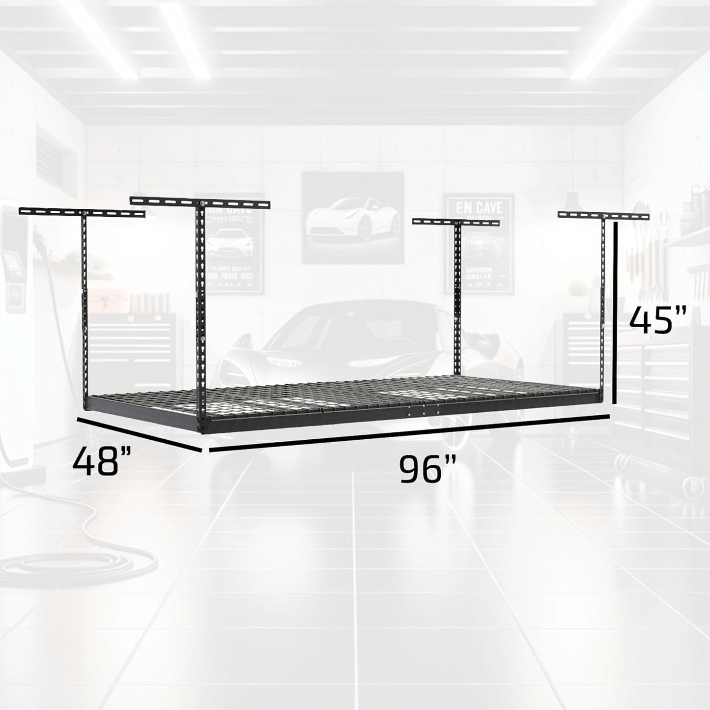 MonsterRax Overhead Garage Storage Rack - 4 x 8 Ceiling Racks for Garage, Organization Shelving, Hanging Shelf, Grey, 24"-45" Height Adjustment