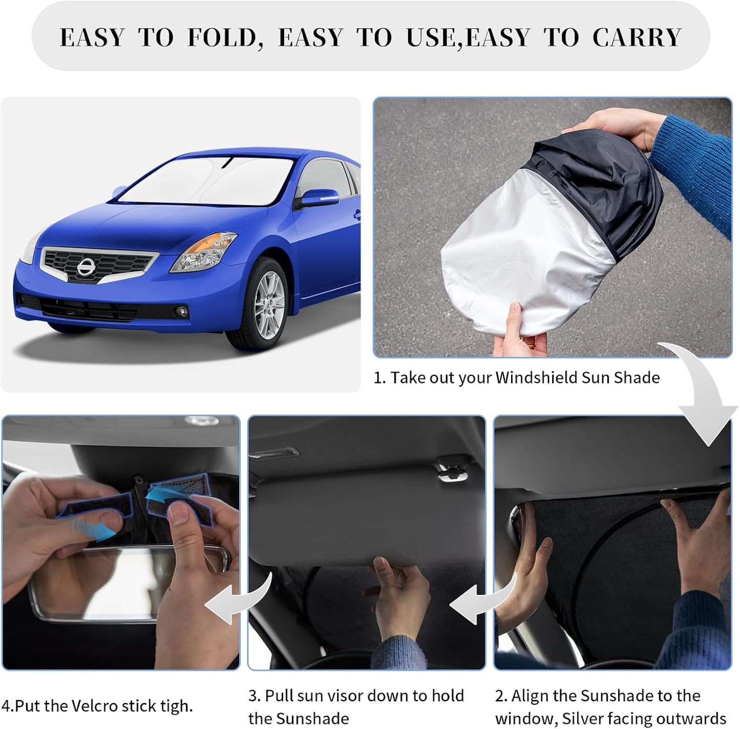 Sun Shade Sunshade for Nissan Altima Windshield Cover, 4-Layer Front Window Shade Custom fit Altima 2008-2012 Sun Visor 240T Retractable Shade Shield Blocks UV Rays Cooler Car Accessories