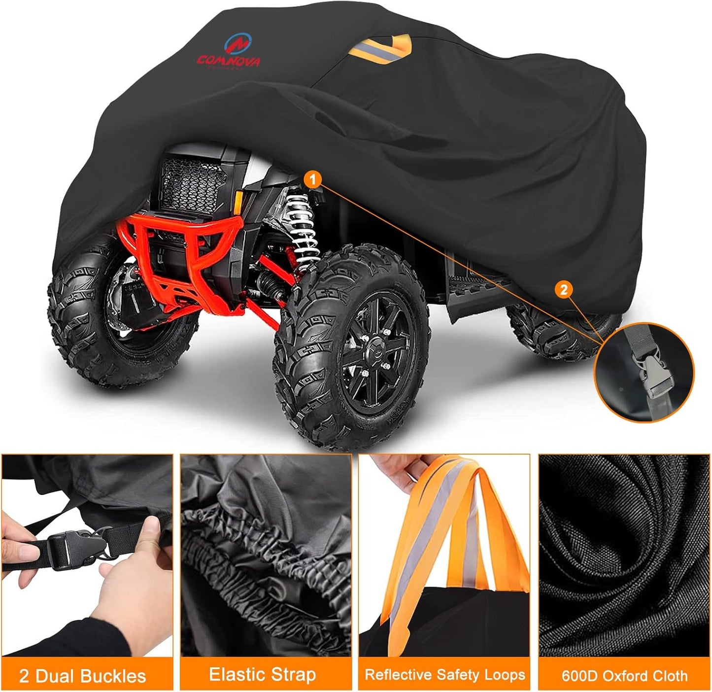 Comnova ATV Cover for 4 Wheelers - 95 Inch ATV Covers 600D Heavy Duty & Waterproof, Outdoor Four Wheeler Quad Cover All Weather Large for Polaris, Kawasaki, Arctic Cat, Honda, Yamaha and More