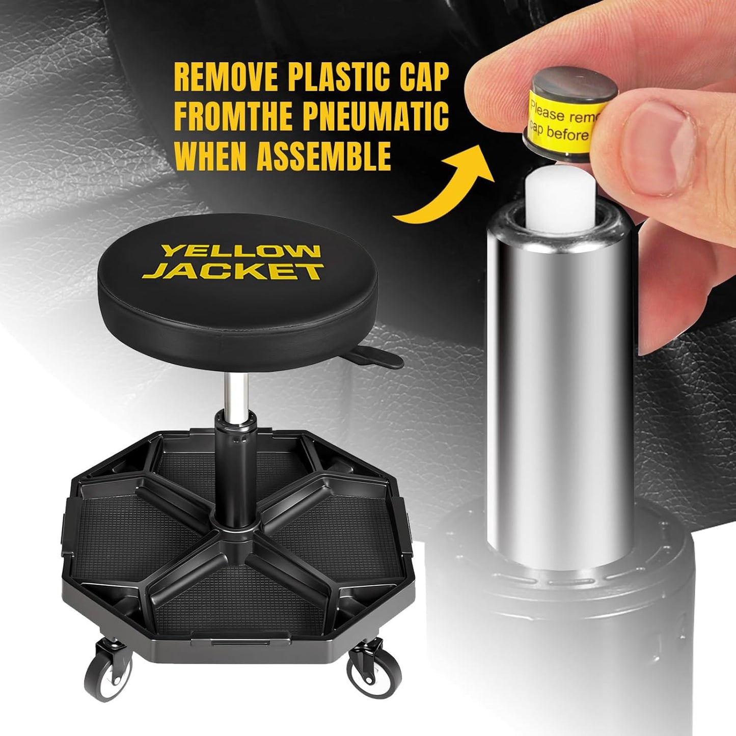 YELLOW JACKET Rolling Garage Seat Adjustable Pneumatic Shop Creeper Seat 300Lbs Mechanic Stool with Wheels and Removable Tool Tray Storage Workshop Chair for Auto Repair