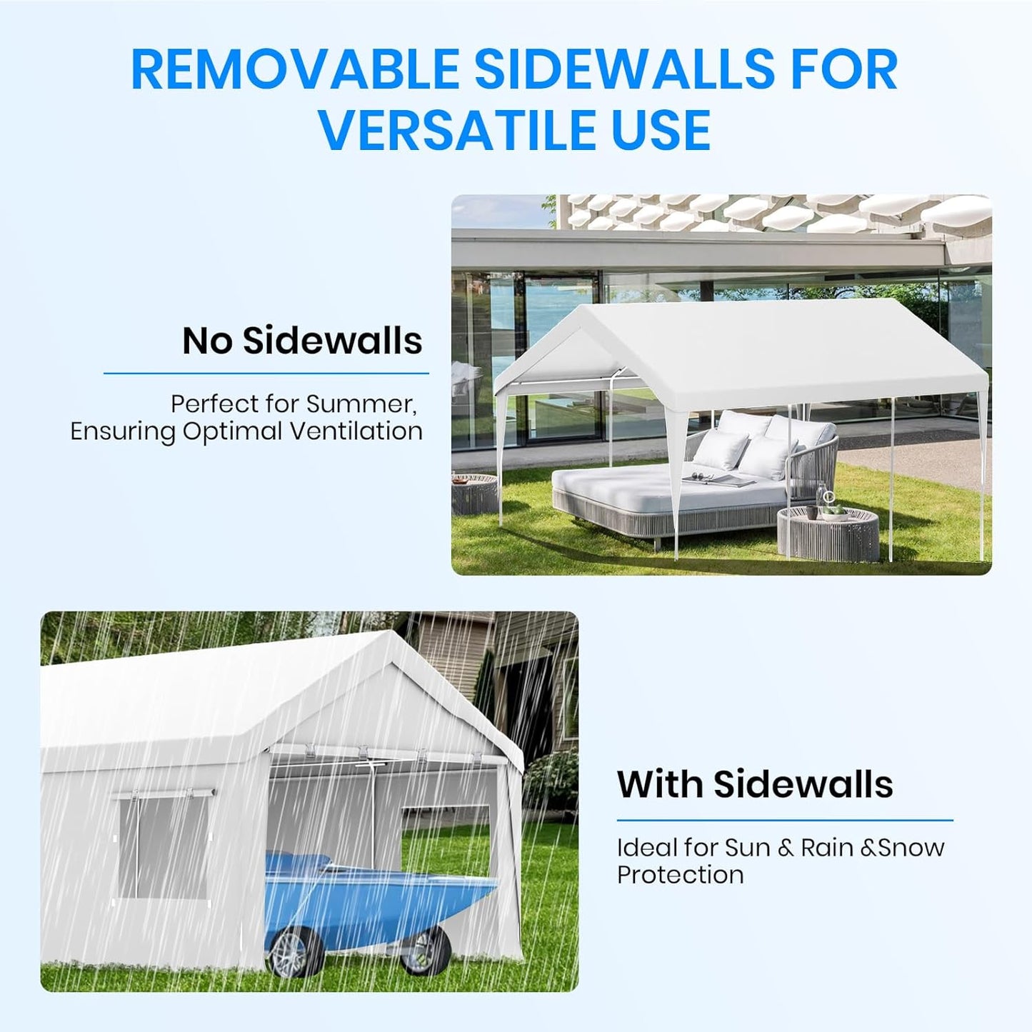 Carport 10x20 FT Heavy Duty, Outdoor Portable Garage with Removable Sidewalls & Doors, Waterproof, UV-Resistant Canopy Shelter for Vehicles, Boats, RVs, Trucks, All-Season Car Port,White