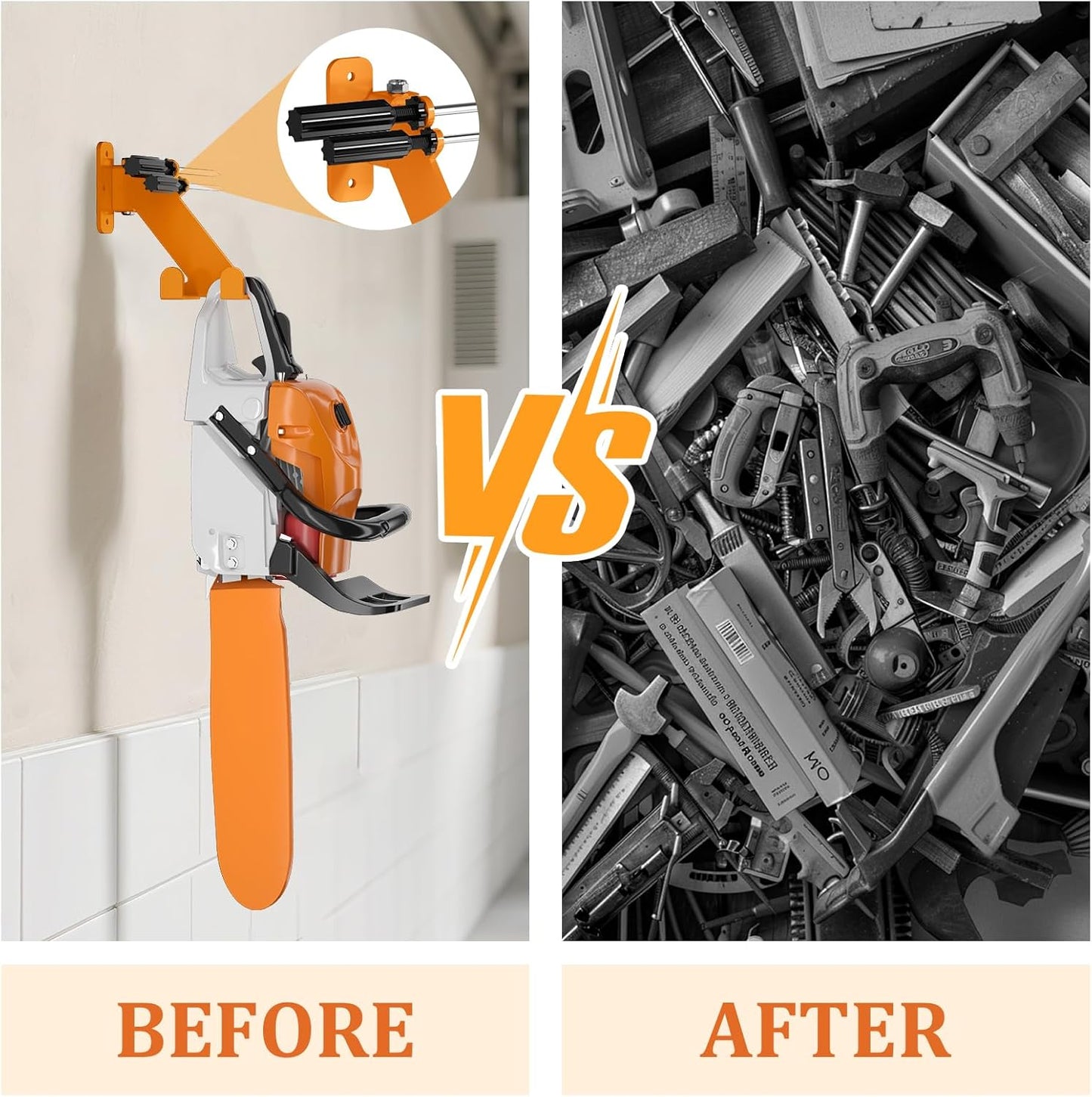 Chainsaw Hanger, 3-in-1 Chainsaw Wall Mount Adjustable Screws for Variety Wall Corner, Garage Organization Garage Storage Shed Organizer Mounted Universal Fit for stihl, Husqvarna, Echo Saws, 1 Pack