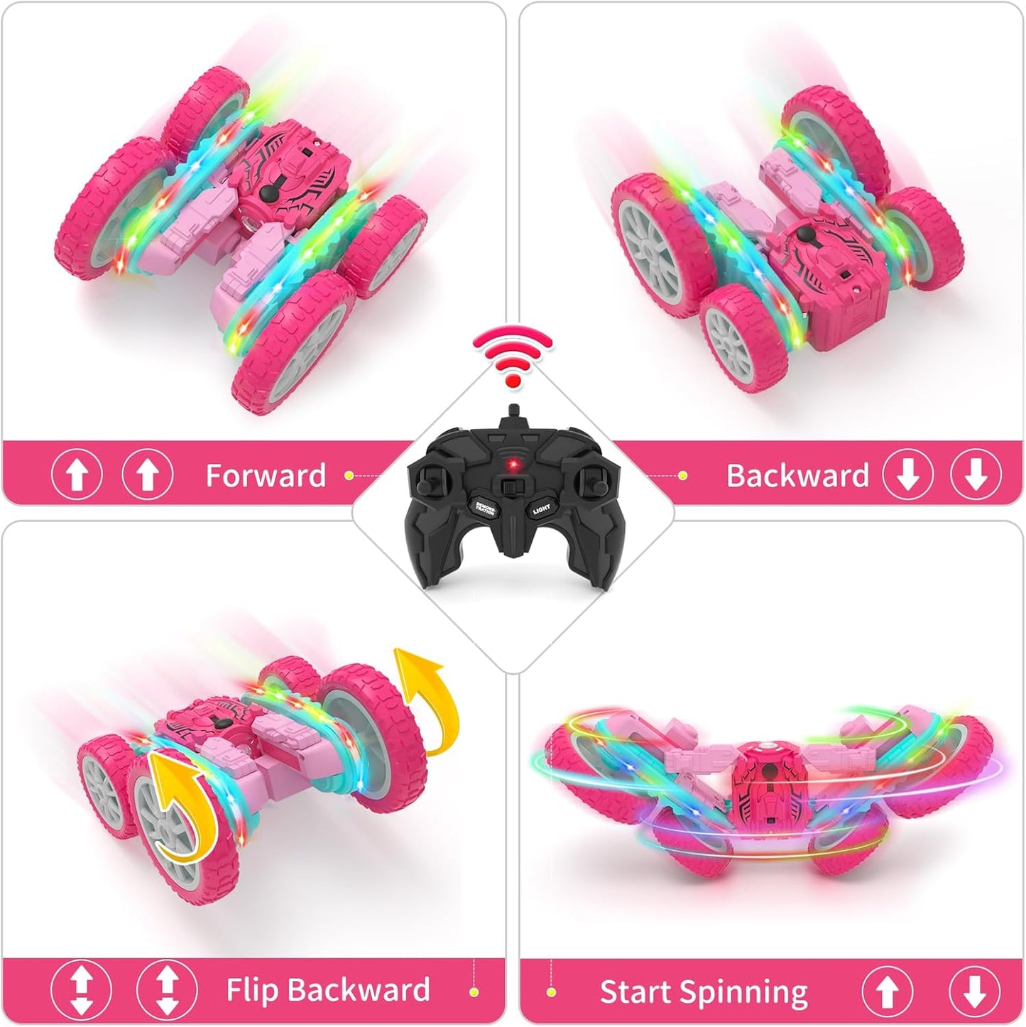 Remote Control Car for Girls, RC Cars 2.4GHz Fast RC Stunt with Strip Light, RC Trucks with Spray 4WD 360° Rotating, Off Road RC Cars Xmas Birthday Gift for Girls (Pink)