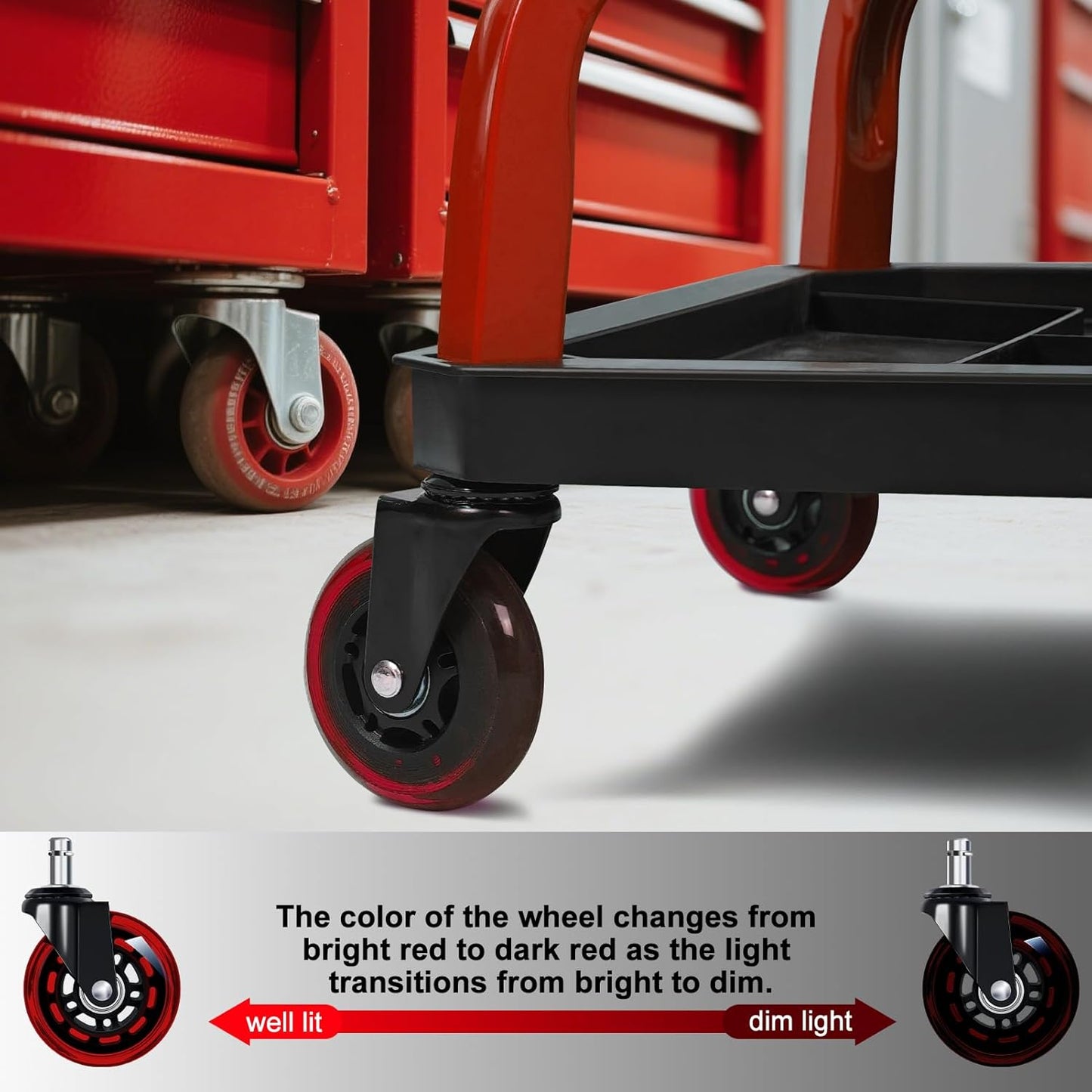 Rolling Stool with Red Wheels, Heavy Duty Garage Work Mechanic Rolling Shop Stool with Backrest, Adjustable Height 360°Swivel Roller Mechanic Chair with 2 Tool Trays, 330 LBS Capacity