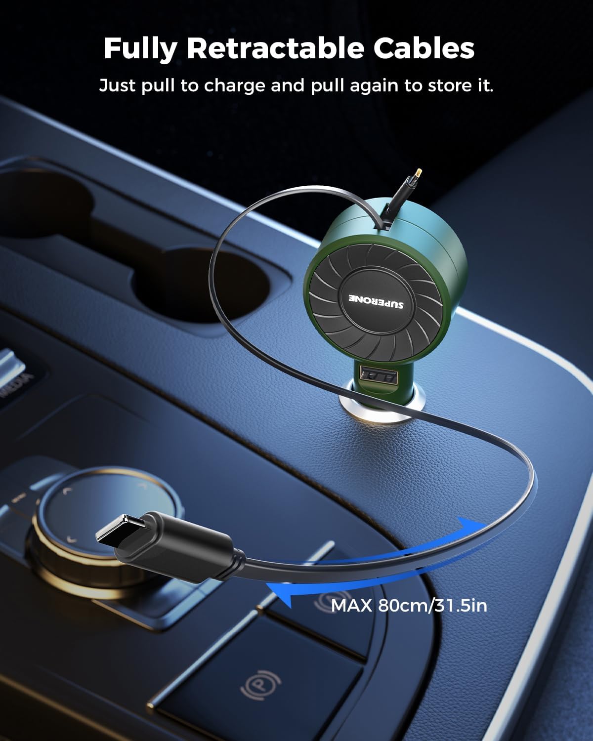 SUPERONE 3-in-1 Car Charger with Retractable Cords, USB C Charger Car Adapter Compatible with iPhone 16/15/14/13/12/11 Pro Max Samsung Android Phones