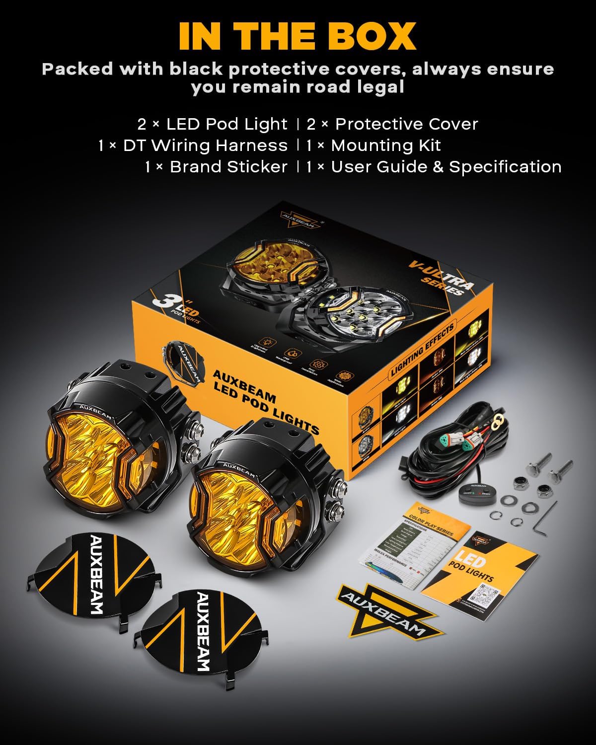 Auxbeam V-Ultra Series 3 Inch 108W Amber Fog Light Pods, DRL Function 3 Modes & Protective Covers, 270° Side Shooter Light Bar, Hyper Spot Beam Offroad Lights, for Truck ATV UTV Car Motorcycle, Pair