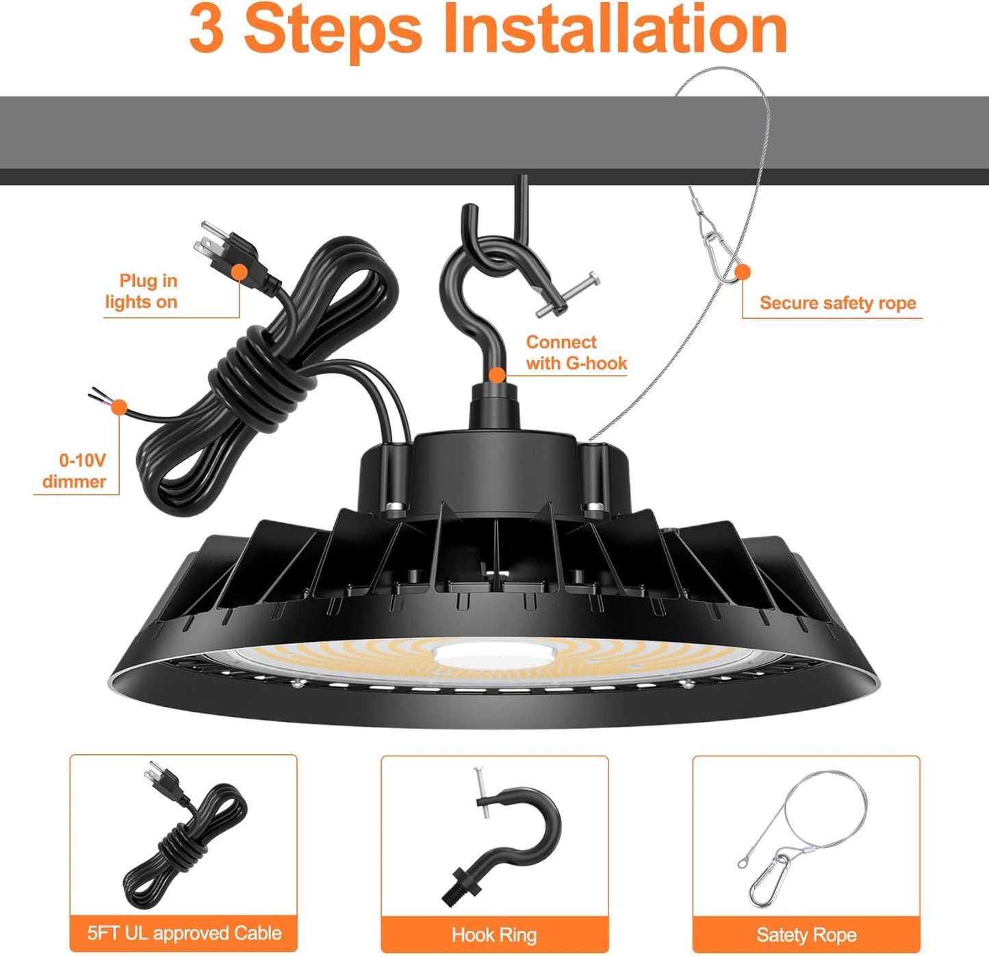 3Pack LED High Bay Lights, Super Bright 200W UFO High Bay LED Shop Lights, 30000LM 5000K, 0-10V Dimmable, 5' Cable Plug, IP65 Waterproof, ETL Listed Plug & Play Lighting for Gym Factory Warehouse