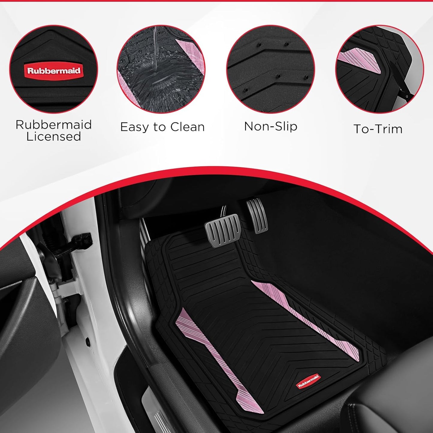 Rubbermaid Car Floor Mat, Heavy Duty All-Weather Car Mats Full Set with Dual-Tone Pink Aluminum Inserts – Universal Fit, Anti-Slip Backing, Trim-to-Fit for Most SUV, Sedan, Van