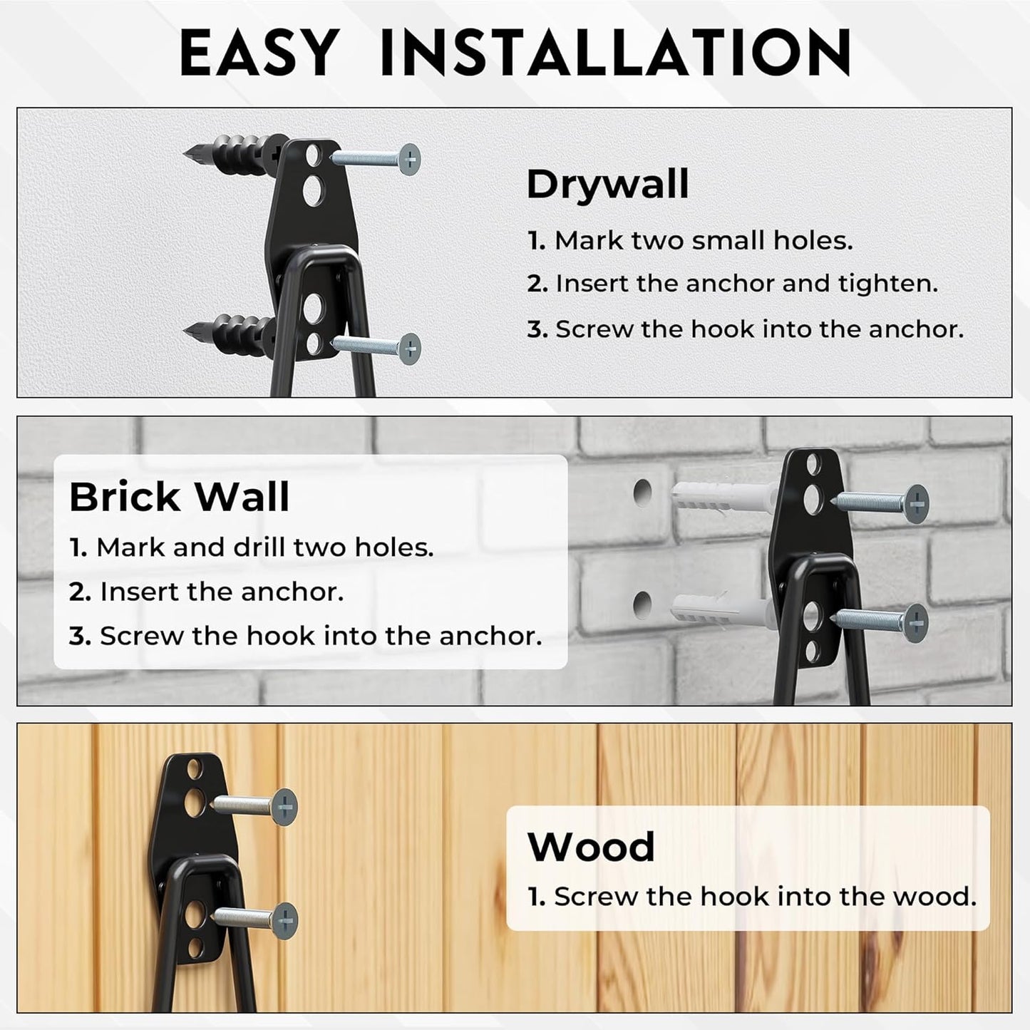 BONTEC Heavy Duty Garage Hooks, Anti-Slip Coated Black Steel with Strong Load Capacity, Multi-Sized U and J Hooks, Easy Wall Mount for Garage, Garden, Workshop (Black, 18 Pack)