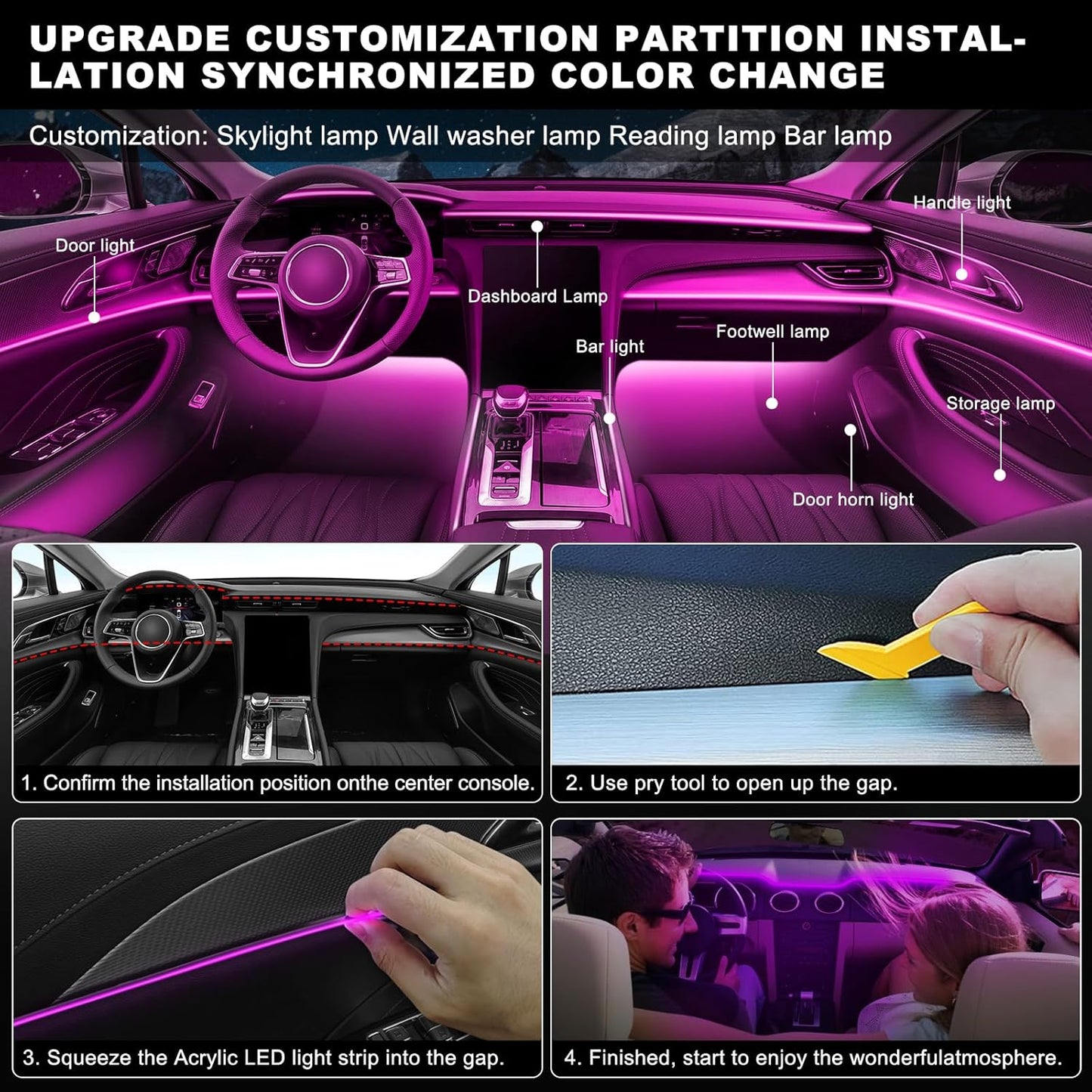 Acrylic Interior Car LED Strip Light with Wireless APP, Car Accessories 6 in 1 with 175 inches 593 LEDs Fiber Optic Ambient Lighting Kits, RGB Dynamic Music Sync Neon LED Strip Light for Car