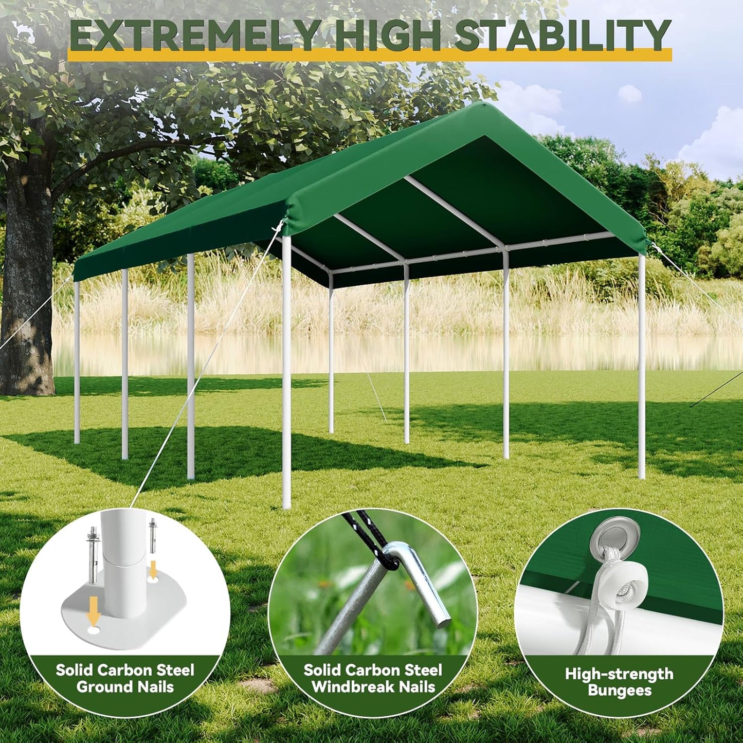 Aoxun 10x20 ft Heavy Duty Carport with Tarp & Wind Resistance Portable Carport Car Tent Outdoor Car Port with Tear Resistant Canopy, No Sidewall - Green