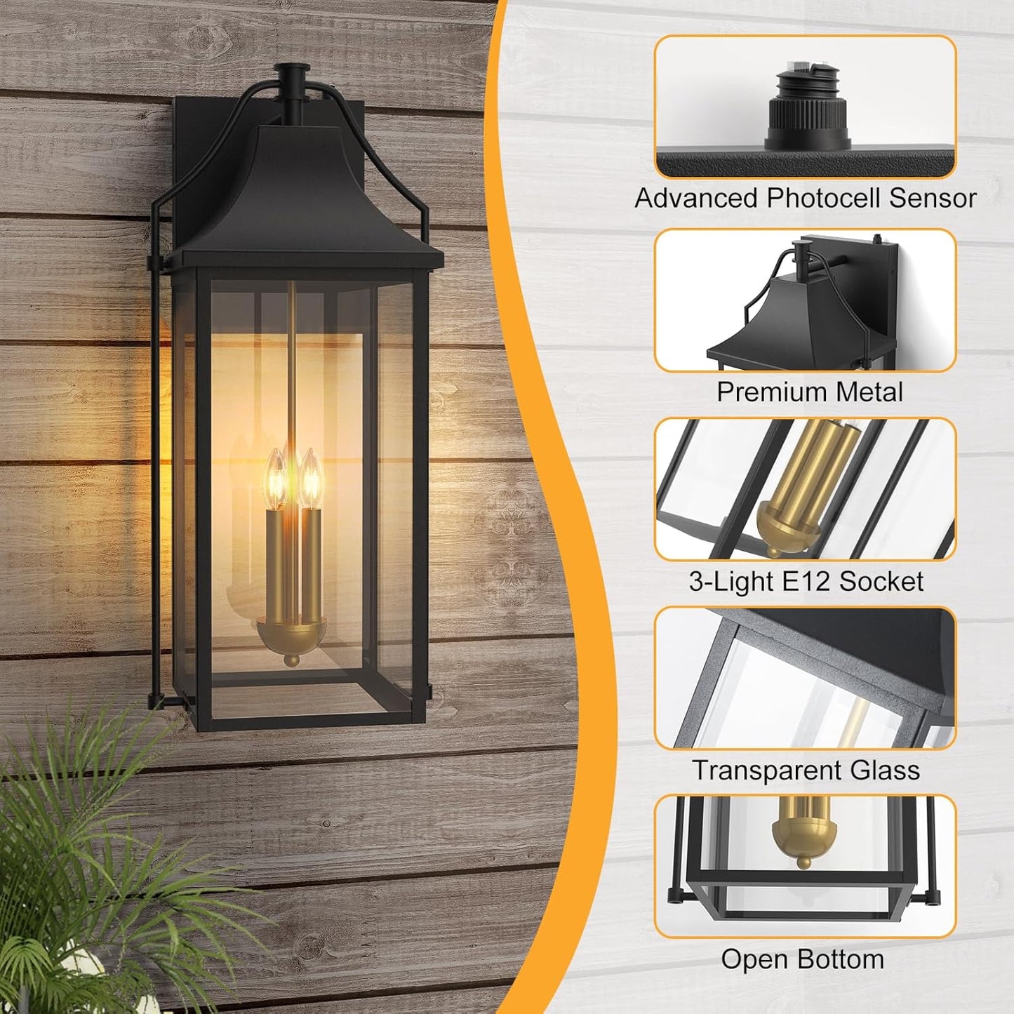 ๐ฎ๐ฑ-๐๐ก๐๐ Outdoor Wall Lights Fixtures, Large Size Dusk to Dawn Waterproof Exterior Lanterns, Modern Porch Sconce Wall Mounted with Glass, Black Outside Lights for House Patio Front Door