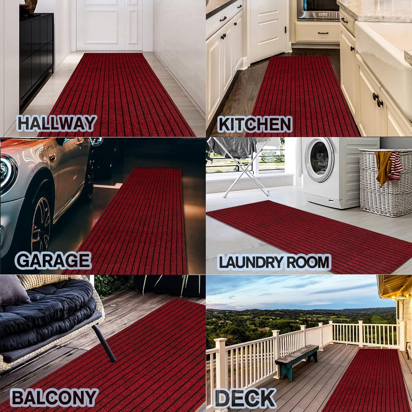 Custom Size Backed Non-Slip Area Rugs Runner, Easy Clean, Waterproof Runner Rugs for Hallway Entryway, Kitchen, Laundry, 3FT x 10FT, Red Stripe