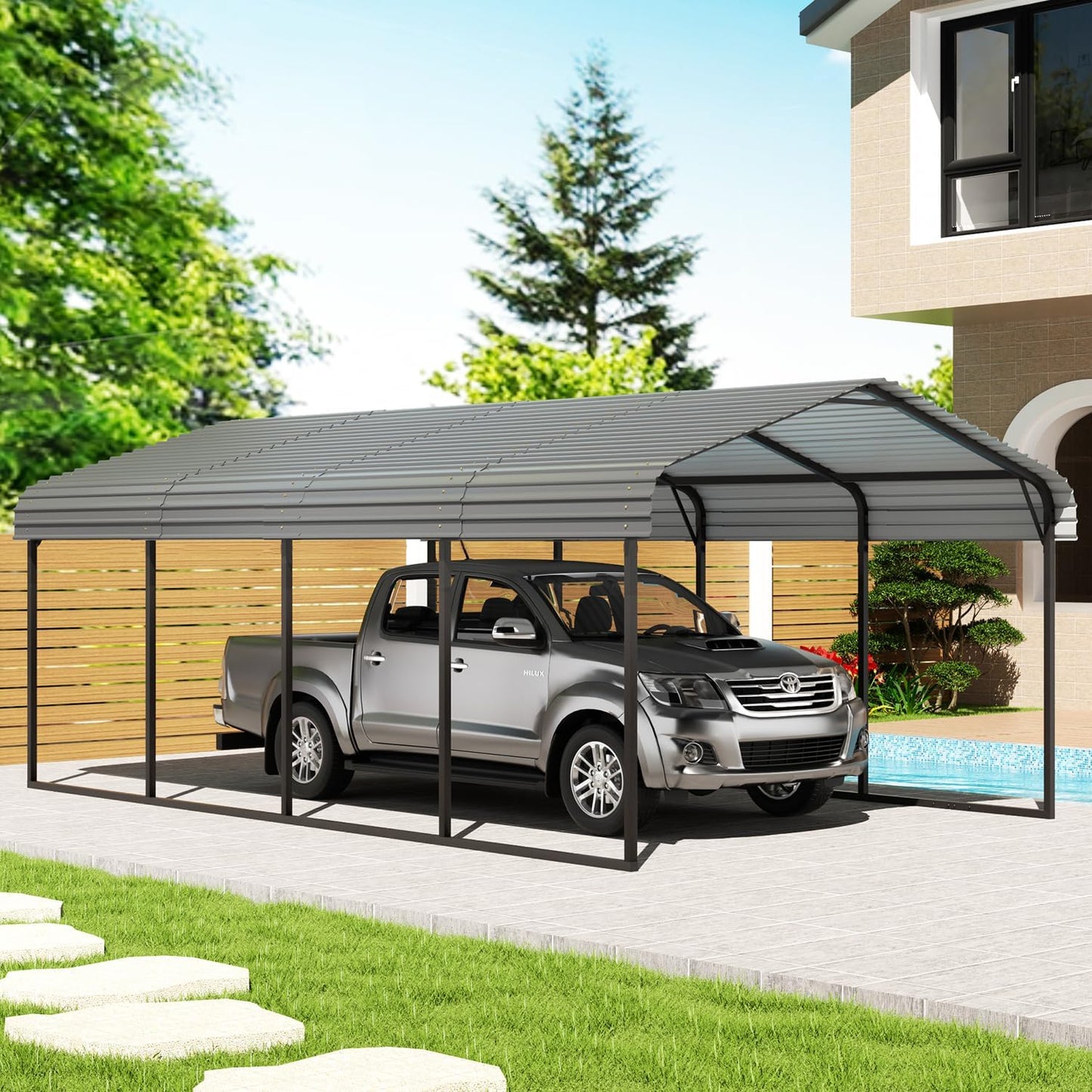 EBE 12 x 20 FT Metal Carport, Heavy Duty Carports with Galvanized Steel Roof, Outdoor Multi-Use Carport Canopy, Garage Car Shelter Shade for Car, SUV, Truck, and Boats