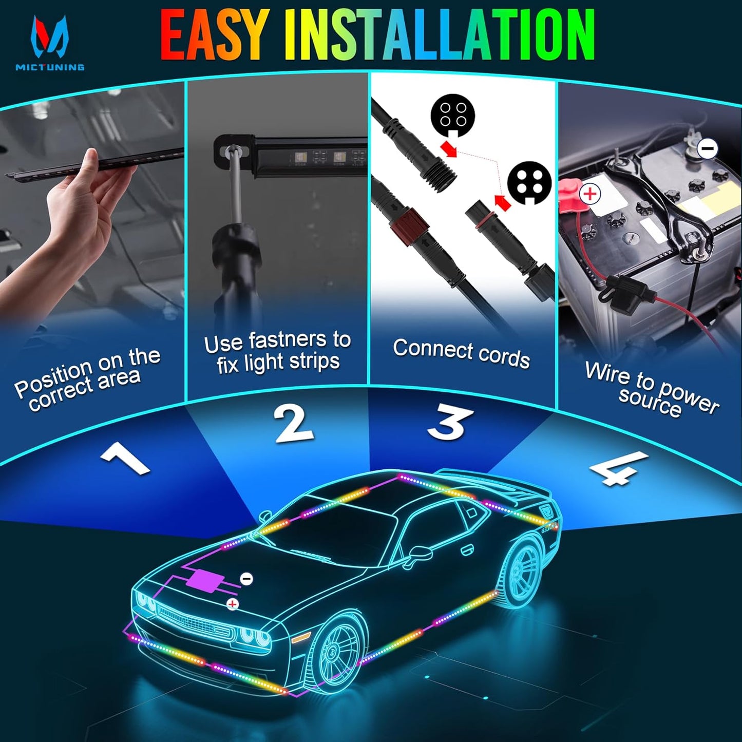 MICTUNING U8 RGB Underglow LED Light Bar, Dual Remote Control, Multicolor Underbody Light Strip with Aluminum Housing, Car SUV Exterior Neon Accent IP68 Waterproof, 8pcs