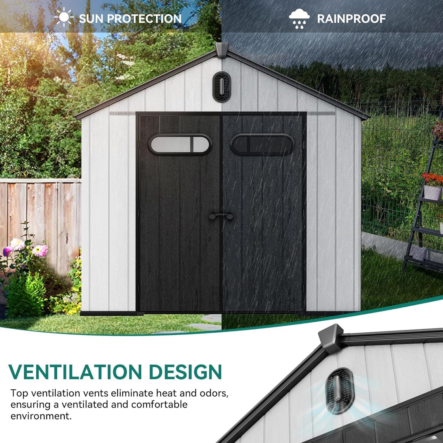 YITAHOME 8x8ft Resin Storage Structure, Outdoor 427 cuft Plastic Garden Storage Unit with Windows, Vents and Lockable Entrance, Waterproof Tool Organizer with Flooring for Lawn Equipment