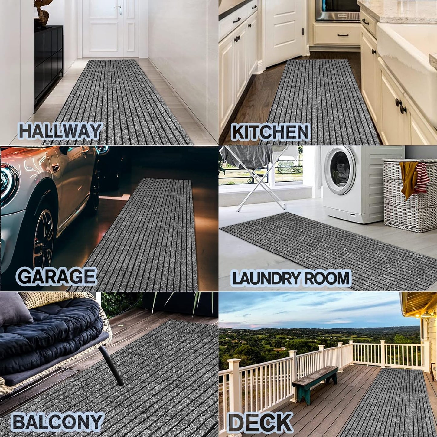 Custom Size Backed Non-Slip Area Rugs Runner, Easy Clean, Waterproof Runner Rugs for Hallway Entryway, Kitchen, Laundry, 2FT x 53FT, Gray Stripe