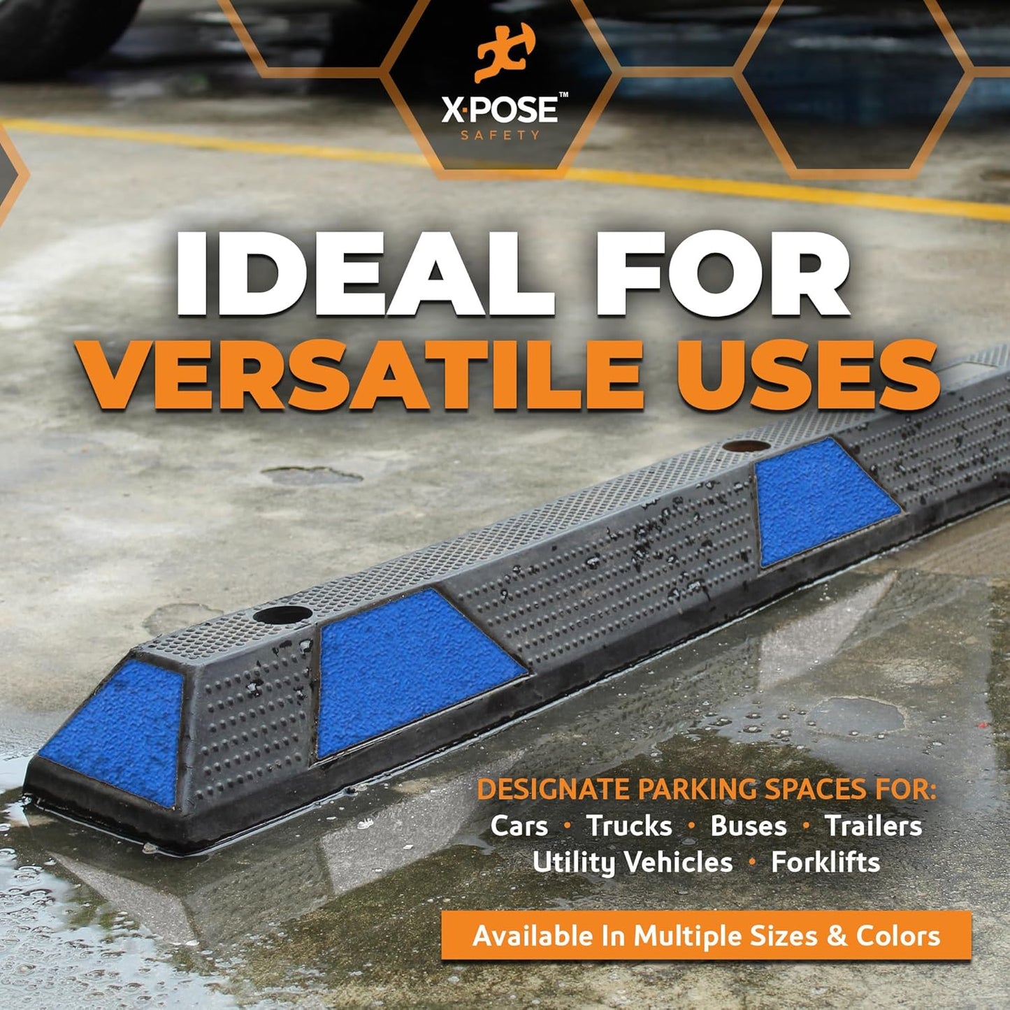 Xpose Safety 72" Heavy Duty Rubber Parking Stopper – 6 Pack Wheel Blocks for Garage, Driveway, or Ramp – Car Bumper Stop with Blue Reflective Strips – Removable Floor Mount