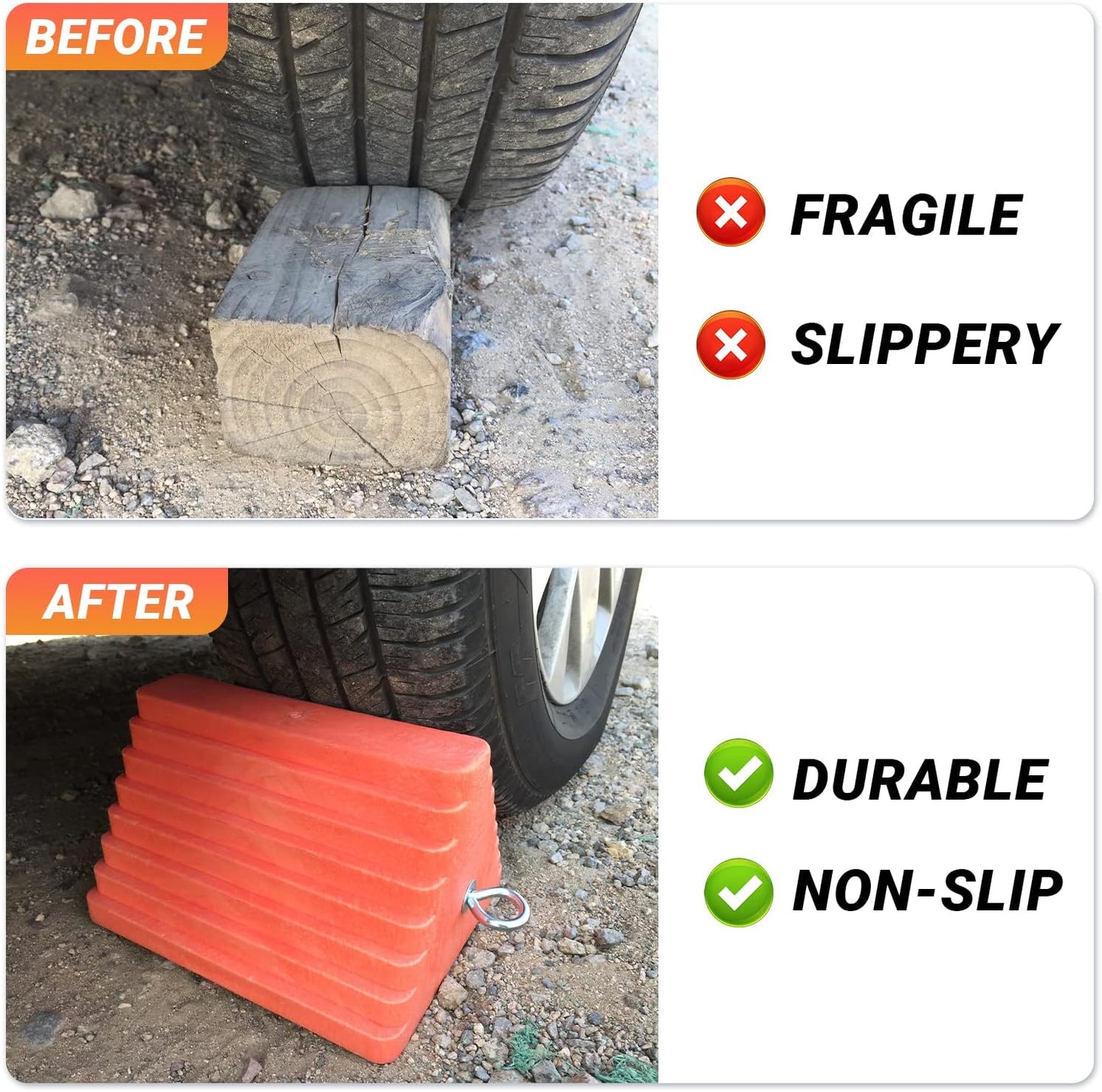 Premium 4 pcs Heavy Duty Wheel Tire Chocks, Vehicle Chocks with Eyebolt for Travel Trailers, Camper, Truck, Car and ATV 4 Pack, Orange