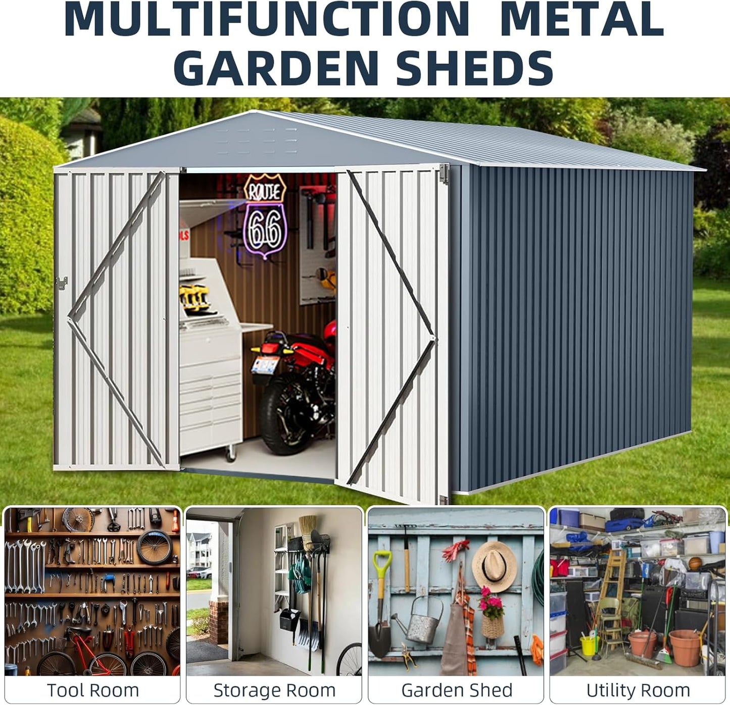 8X12FT Outdoor Metal Storage Shed, Lockable Weatherproof Garden Shed for Tools & Equipment, Durable Galvanized Steel with Sloping Roof & Ventilation, Ideal for Backyard, Patio & Garage Storage, Grey