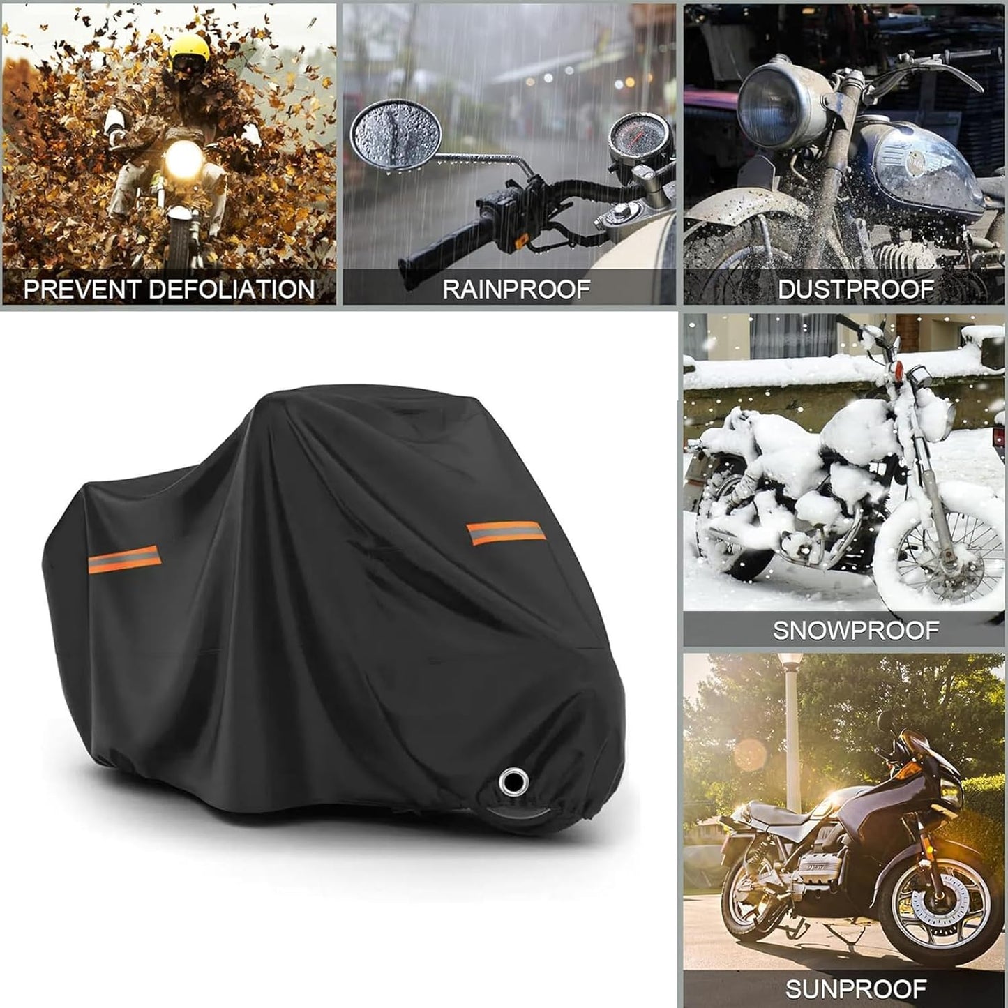 Motorcycle Cover, 210D Oxford Cloth, with Reflective Stripes, Waterproof Outdoor Protection, All-Weather Universal car Cover, with Lock Holes and Storage Bag. (All Black, 96.5")