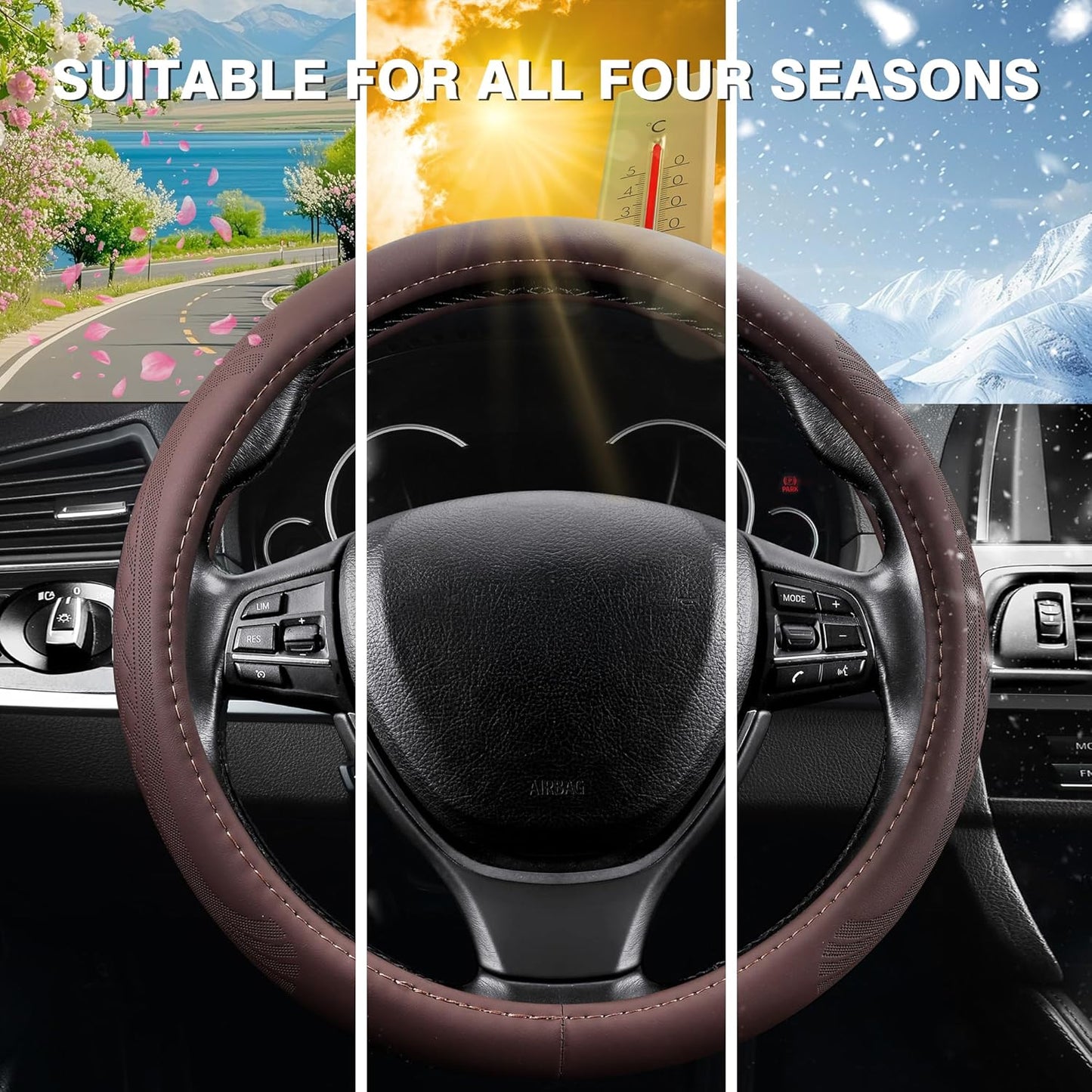 【2025 Model】 Breathable Soft Leather Car Steering Wheel Cover for Men Women, Non-Slip, Comfortable,Universal 15 inches Steering Wheels, Brown