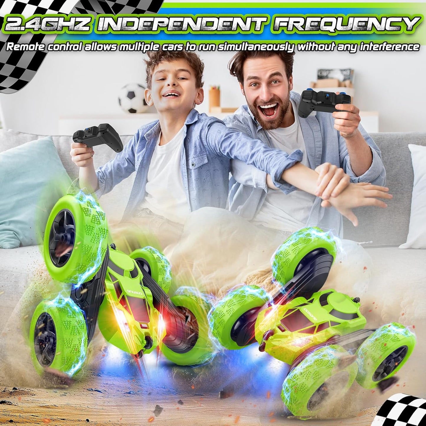 Remote Control Car - RC Car Toys for Boys - 4WD 2.4Ghz Double Sided 360° Rotating RC Cars, Birthday Gifts for Kids Age 6 7 8-12 for Boys and Girls- Green