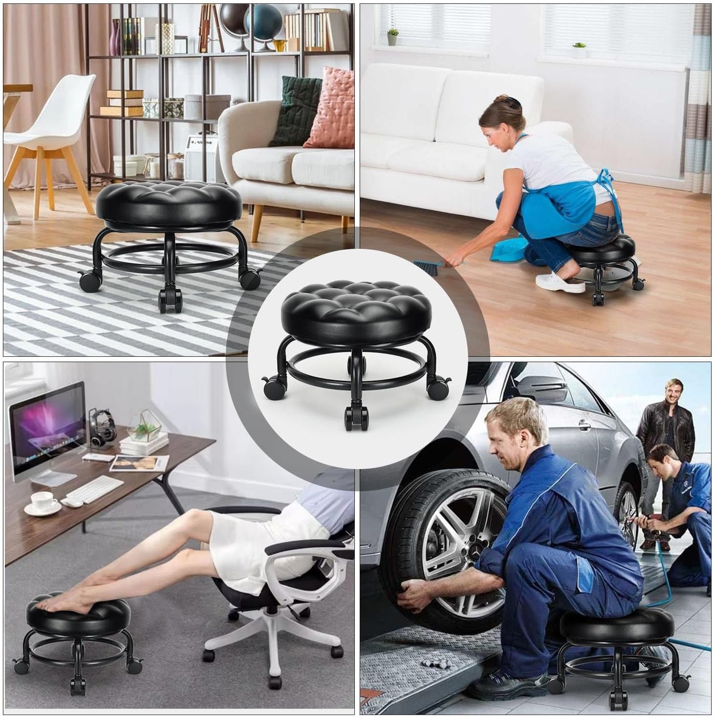 Low Height Rolling Stool Roller Stool PU Leather Comfortable Seat 360°Swivel Rotating, Modern Rolling Chair for Home Office Garage Shop