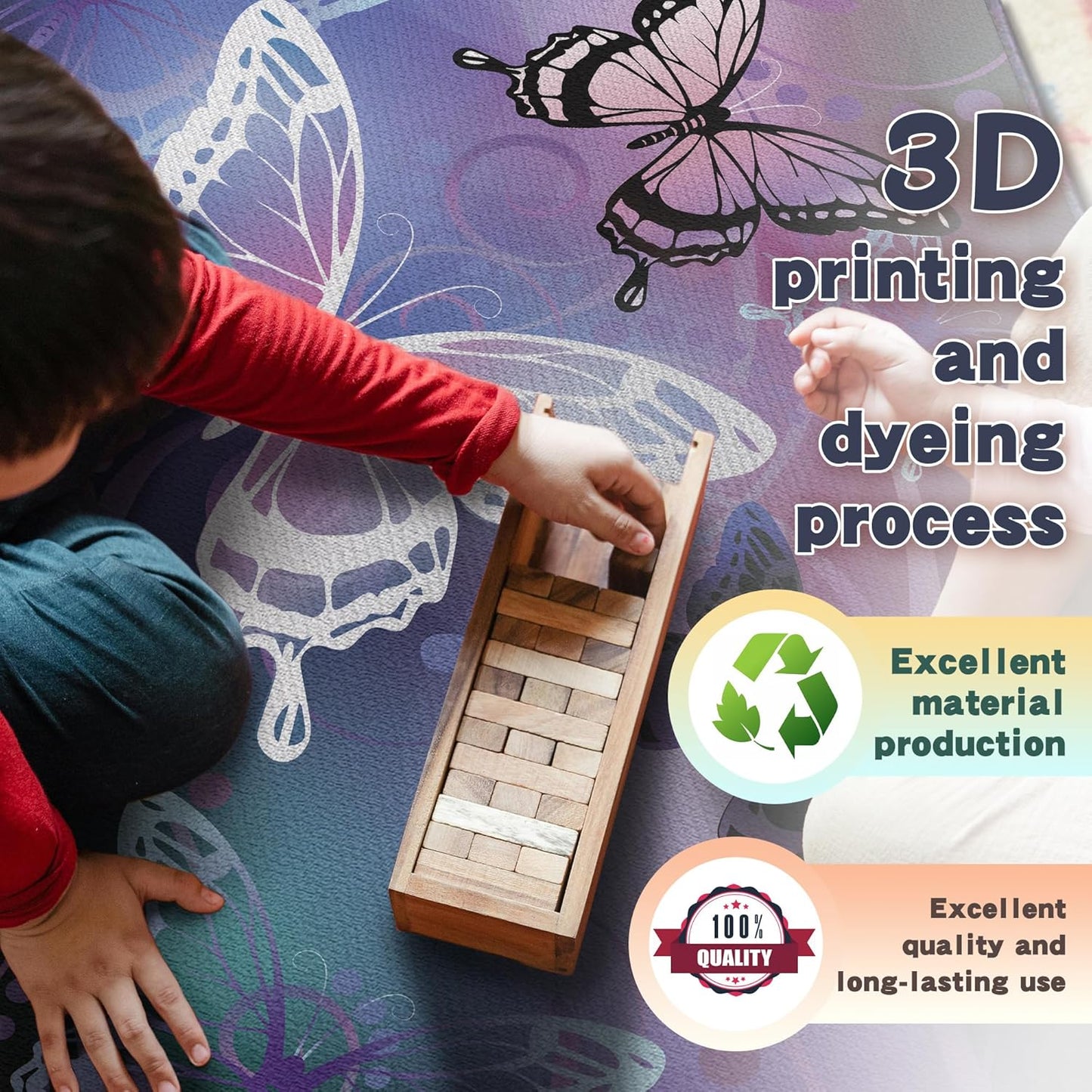 Beautiful Butterfly Fantasy Rug for Playroom Girls Bedroom Colorful Rainbow Butterfly Decor Area Carpet 59"x39" Purple Mat 3D Printed Non-Slip Washable