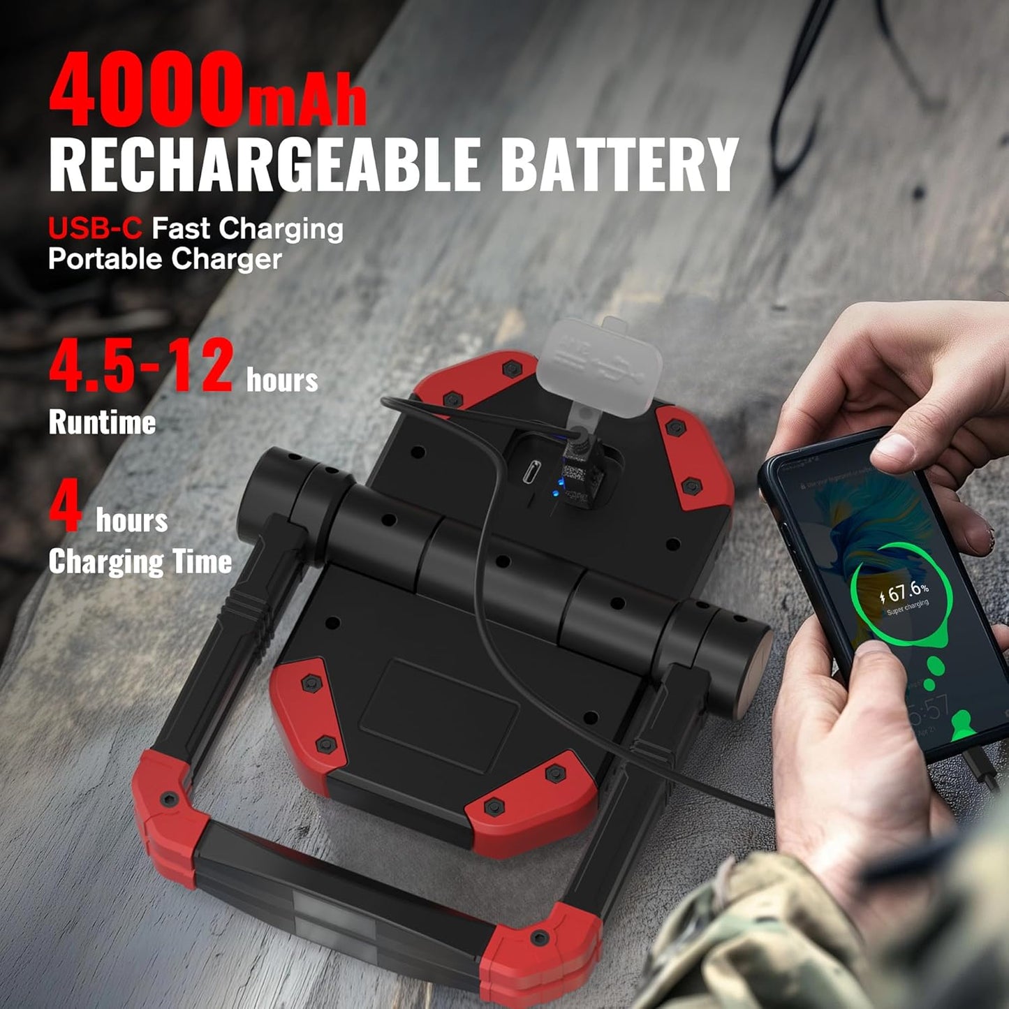 Adelante Rechargeable LED Work Light with Magnetic Bases, 2500LM 6500K 12 Hours Long Lasting, Mobile Charger, 360°Rotating Stand Waterproof USB Portable Flood Light for Mechanics, Repairing