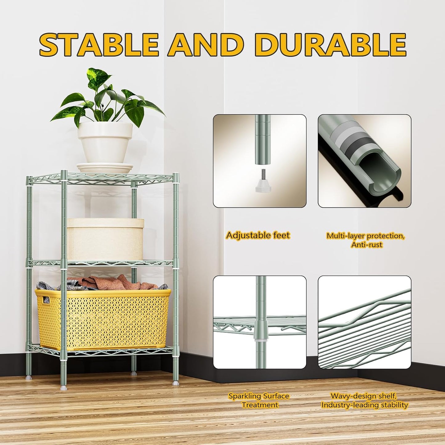 750 lbs 3-Shelf Storage Shelves Wire Shelving Unit Standing Metal Rack for Small Places Narrow Wire Rack for Bathroom, Green 13.8 D x 13.8" W x 25.5" H