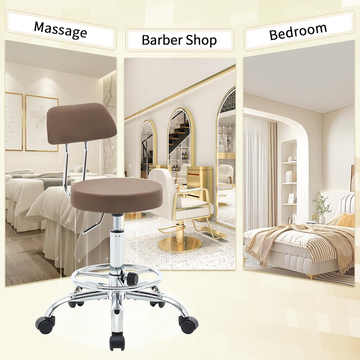 Salon Rolling Chair, Adjustable Stool with Footrest and Back 19.5’’-26.6’’,Coffee Brown Massage Stools with Wheels (Coffee Brown)