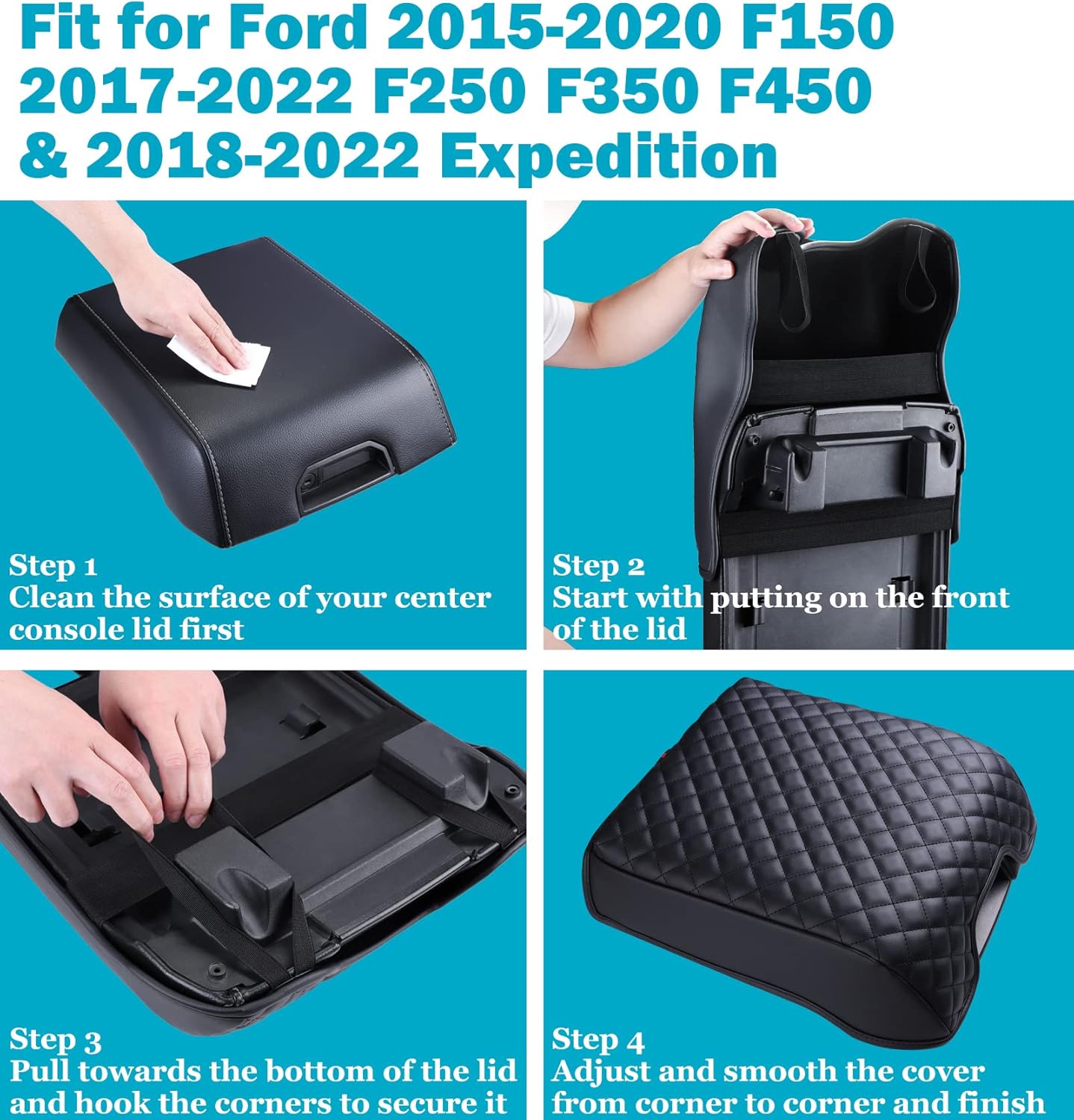 Center Console Cover for Ford F150 2015-2020, Armrest Cover for F250 F350 F450 2017-2022, Expedition 2018-2024, PU Leather Car Truck Interior Accessories Middle Console Cover, Bucket Seat