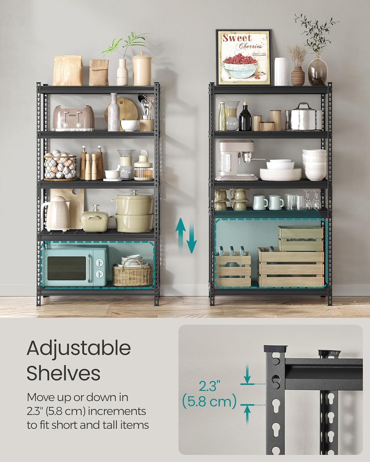 SONGMICS 5-Tier Storage Shelves, Heavy-Duty Garage Shelving, Adjustable Shelving Unit, Steel Shelf, Boltless Assembly, for Garage, Shed, 2,250 lb Load, 18 x 36 x 72 Inches, Ink Black UGLR453B01