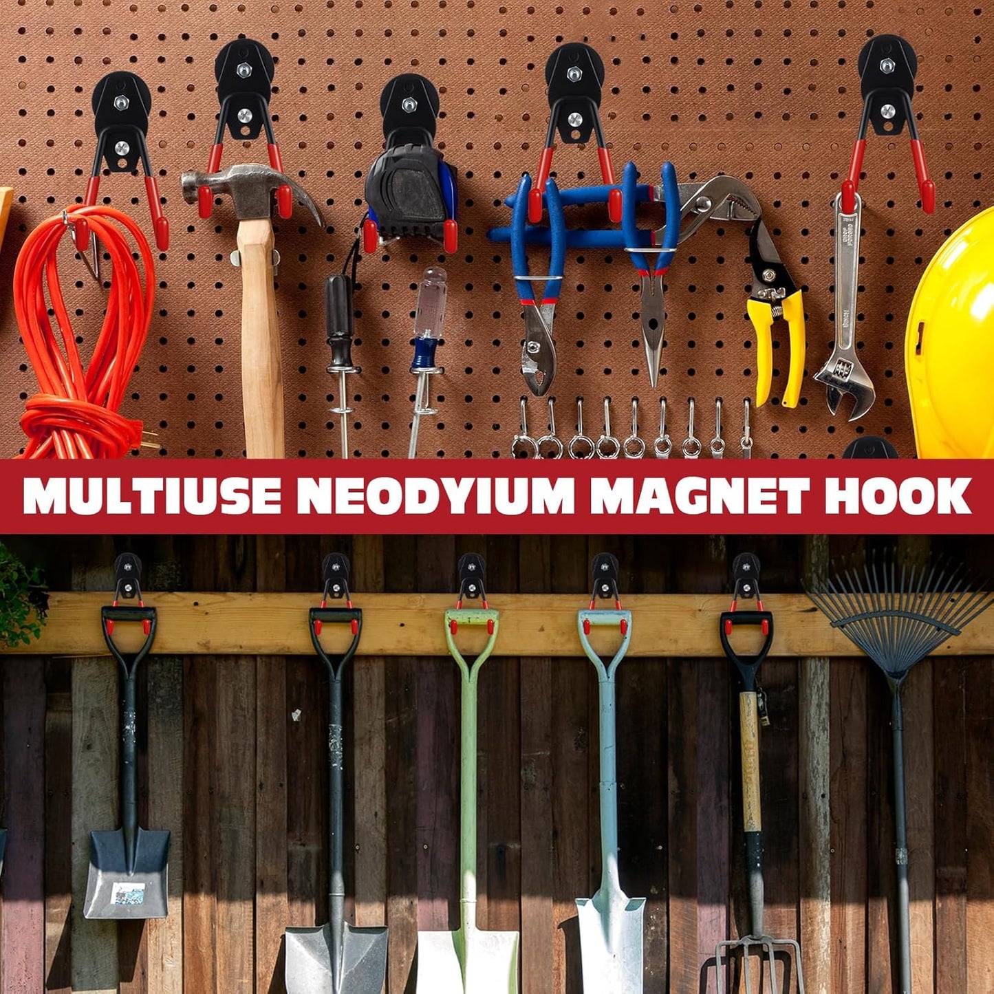 Landhoow Large Magnetic Hooks Heavy Duty Garage Magnet Hooks Strong Storage Utility Magnetic Hangers with Anti Slip Rubber Coating for Indoor and Outdoor Hanging(Red,10 Pcs)