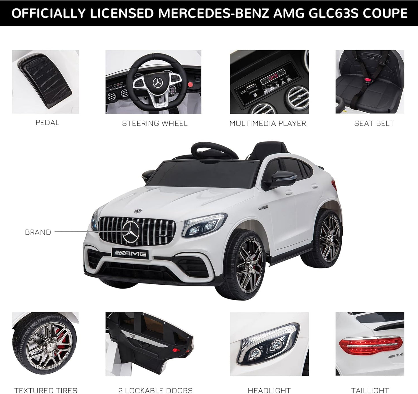 Aosom 12V Toddler Ride On Car with Remote Control, Mercedes Benz AMG GLC63S Coupe, Electric Car with 2 Speed, MP3 Player, Light, Horn, Songs, Suspension, White