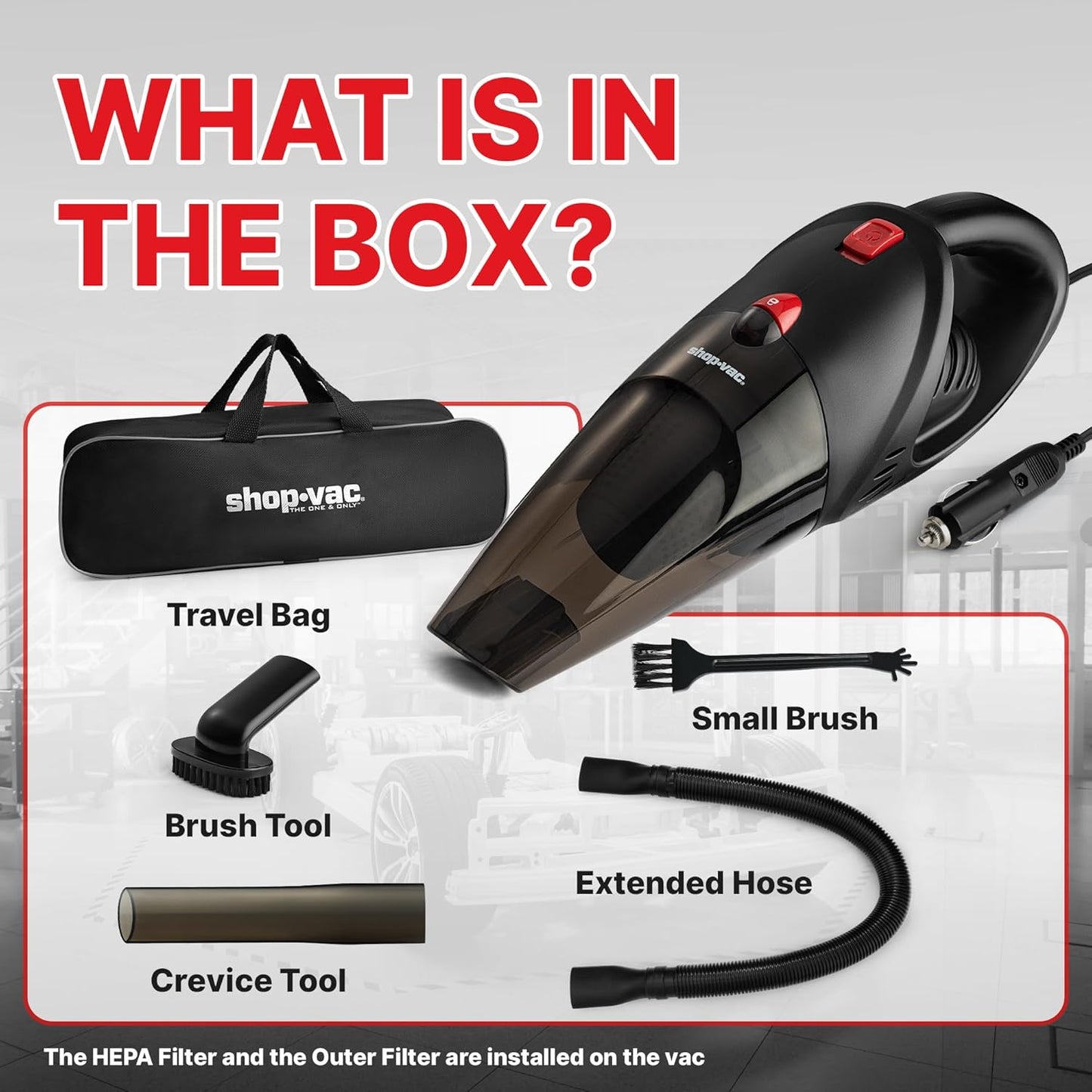 Shop-Vac 12V Car Vacuum - Portable Vacuum Cleaner with 7000Pa Powerful Suction, 16Ft Corded Handheld Car Vac & Storage Bag, Cigarette Lighter Plug, for Deep Interior Detail Cleaning