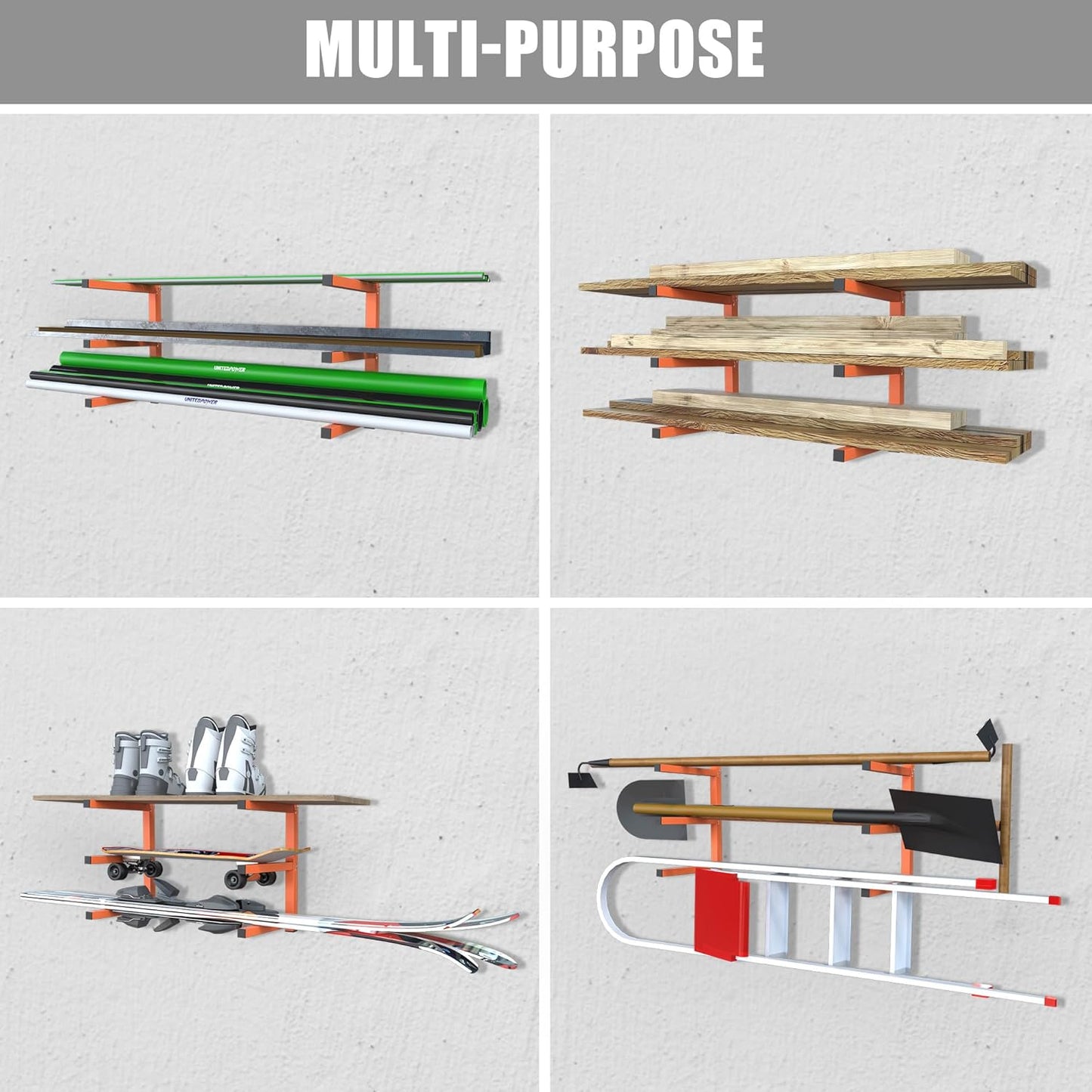 UNITEDPOWER Wall Mount Wood Organizer, Lumber Storage Rack, Heavy Duty Metal Shelf with 3-Level for Workshop or Garage, Indoor Or Outdoor Use-2 Hook