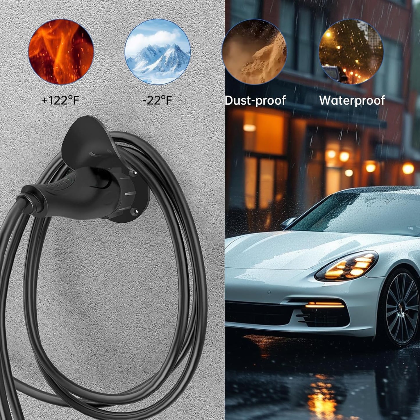 LJH EV Charger Holder Wall Mount for SAE J1772 Electric Car Plug Nozzle Holster Dock and EV Cable Holder, Outdoor/Indoor (Black)