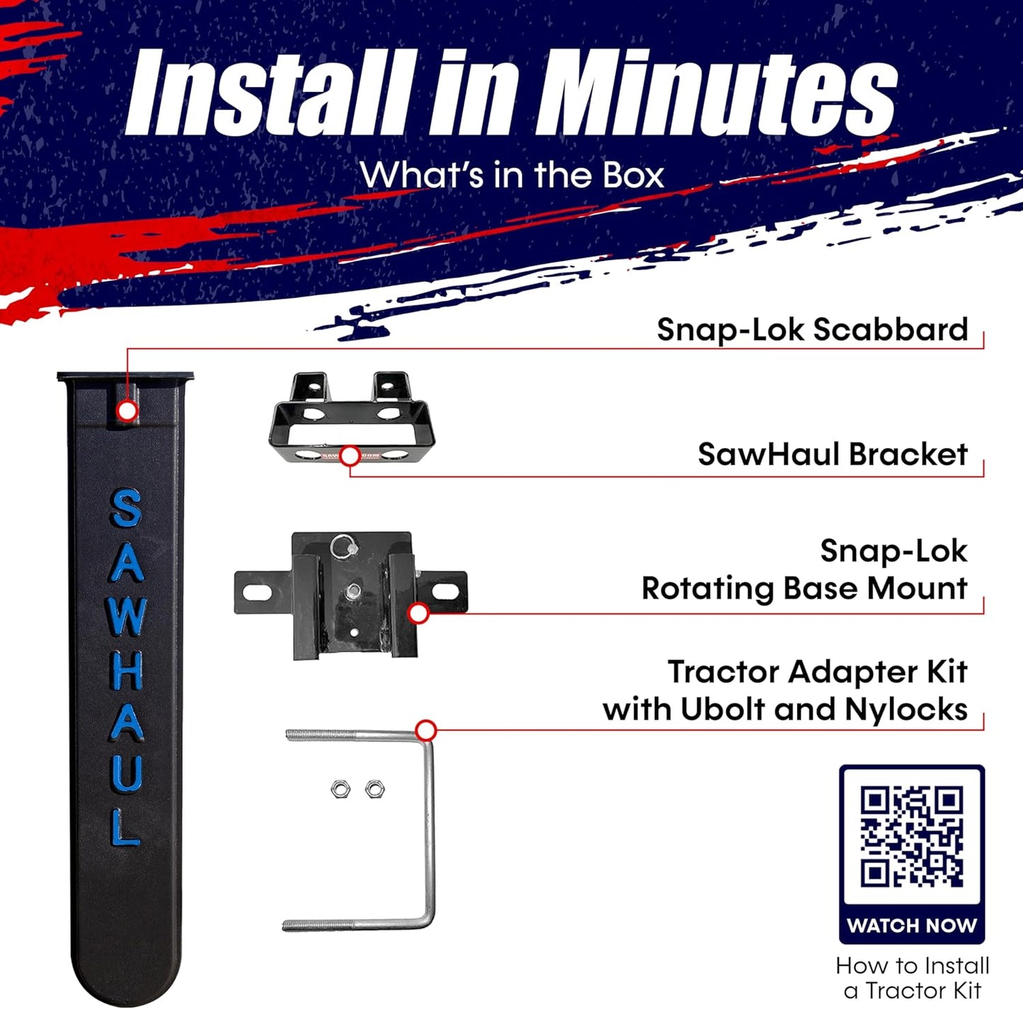 SawHaul Snap-Lok Universal Chainsaw Carrier Kit for Tractors and Skid Steers – 28 Inch Blue Scabbard with Rotating Mount – Compatible with All Chainsaw Brands – Made in USA