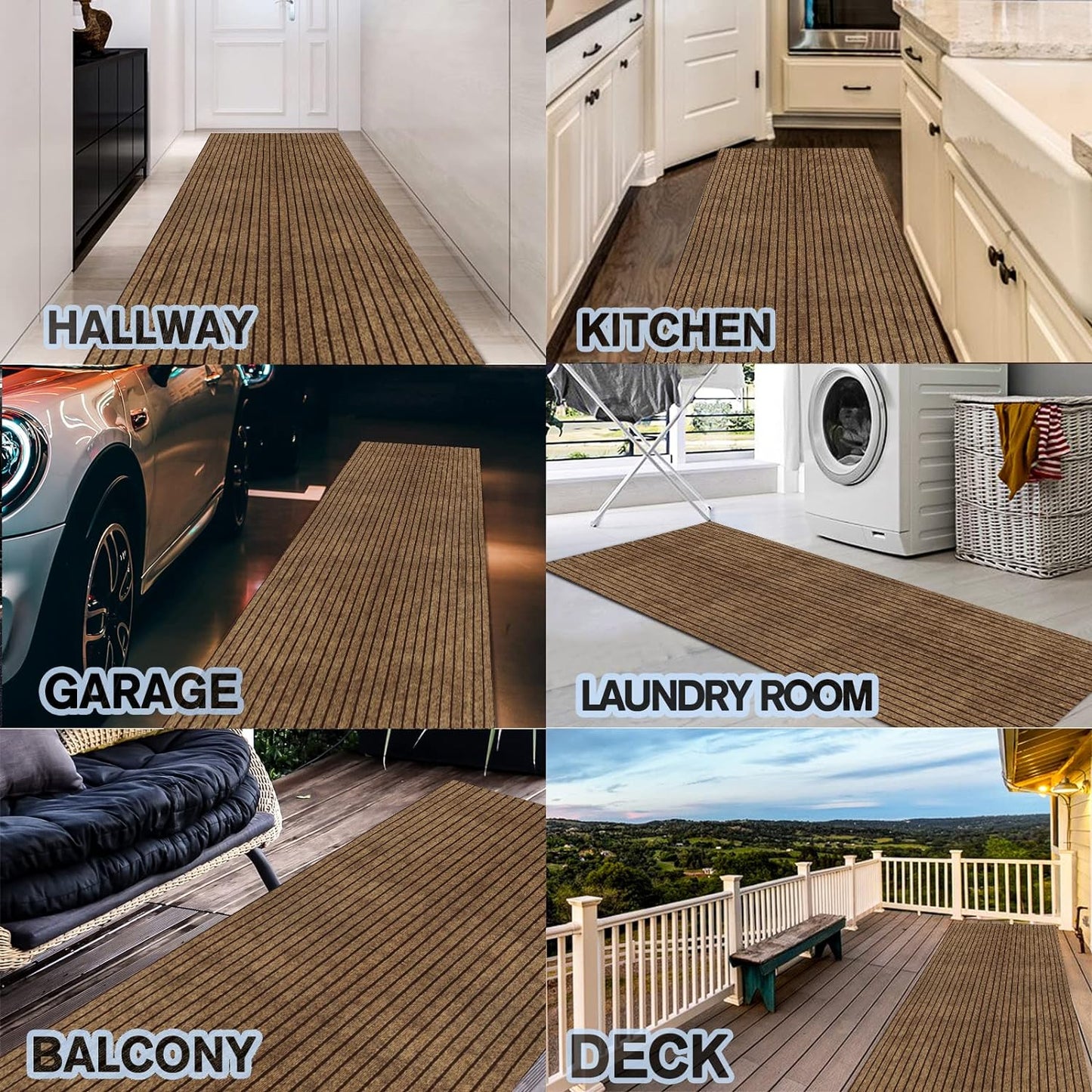 Custom Size Backed Non-Slip Area Rugs Runner, Easy Clean, Waterproof Runner Rugs for Hallway Entryway, Kitchen, Laundry, 2FT x 21FT, Brown Stripe