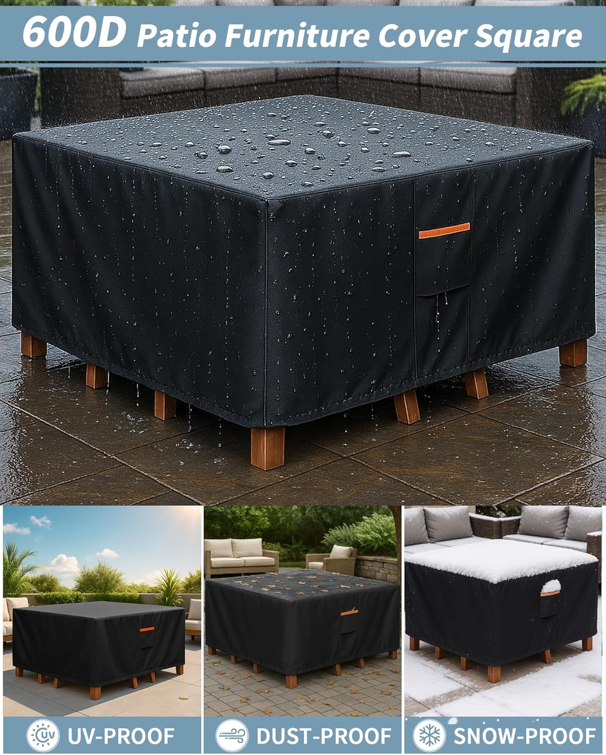 Outdoor Waterproof Furniture Cover, 94W x 94L x 28H inches Heavy Duty 600D Square Table and Chair Set Protection, Black